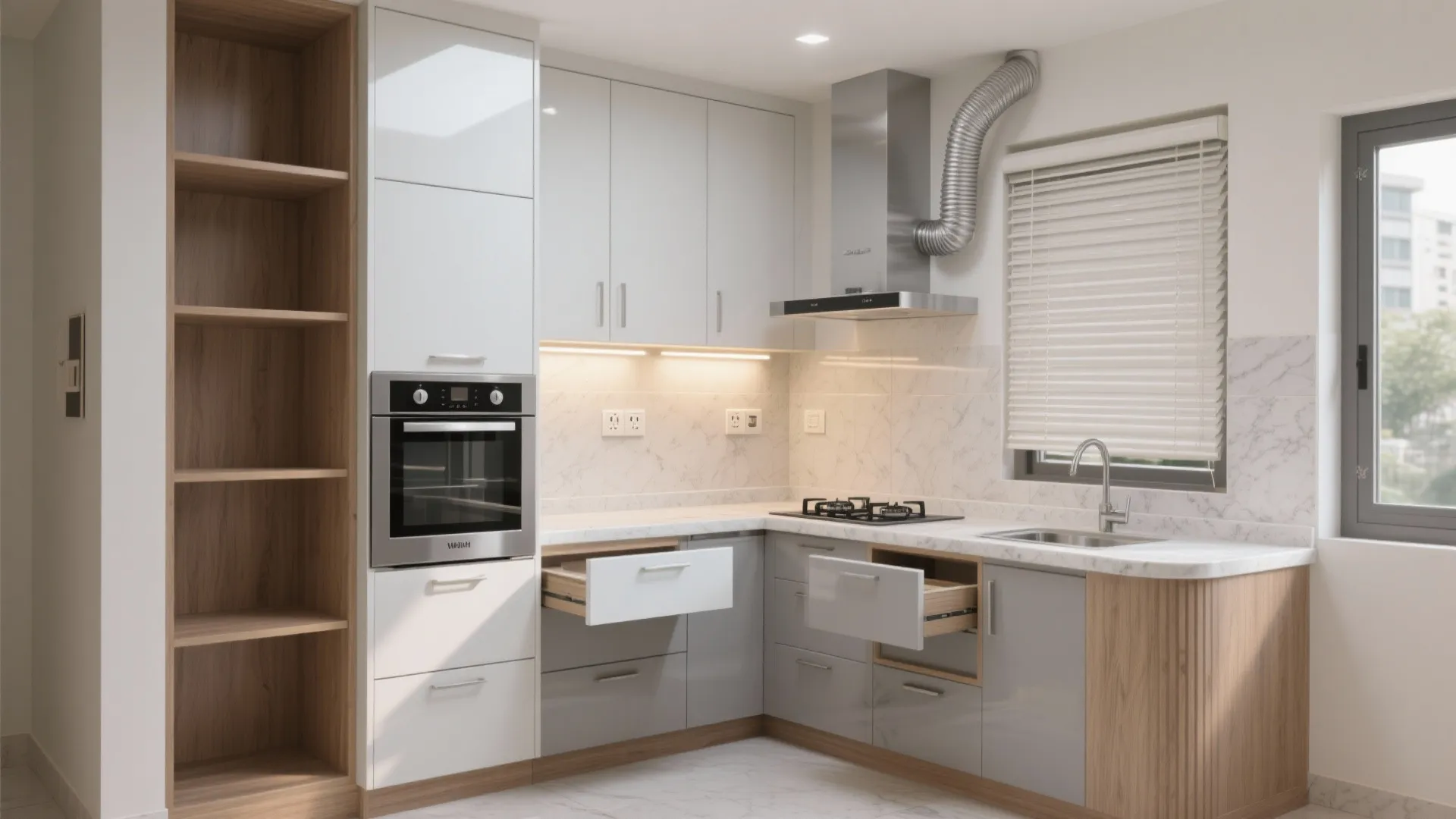 L-Shaped Modular Kitchen With Tall Pantry