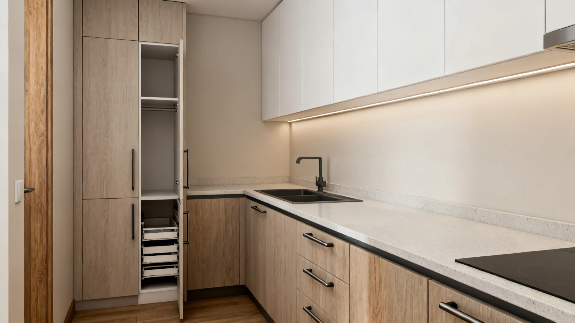 Small L-shaped kitchen with minimalist uppers and a slim full-height pantry on the short return.