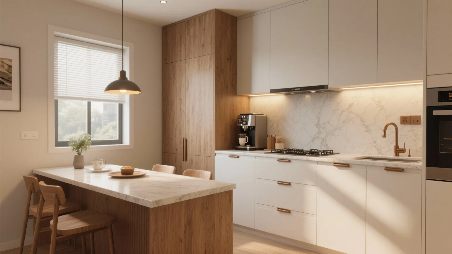 L-shaped kitchen that doubles as dining