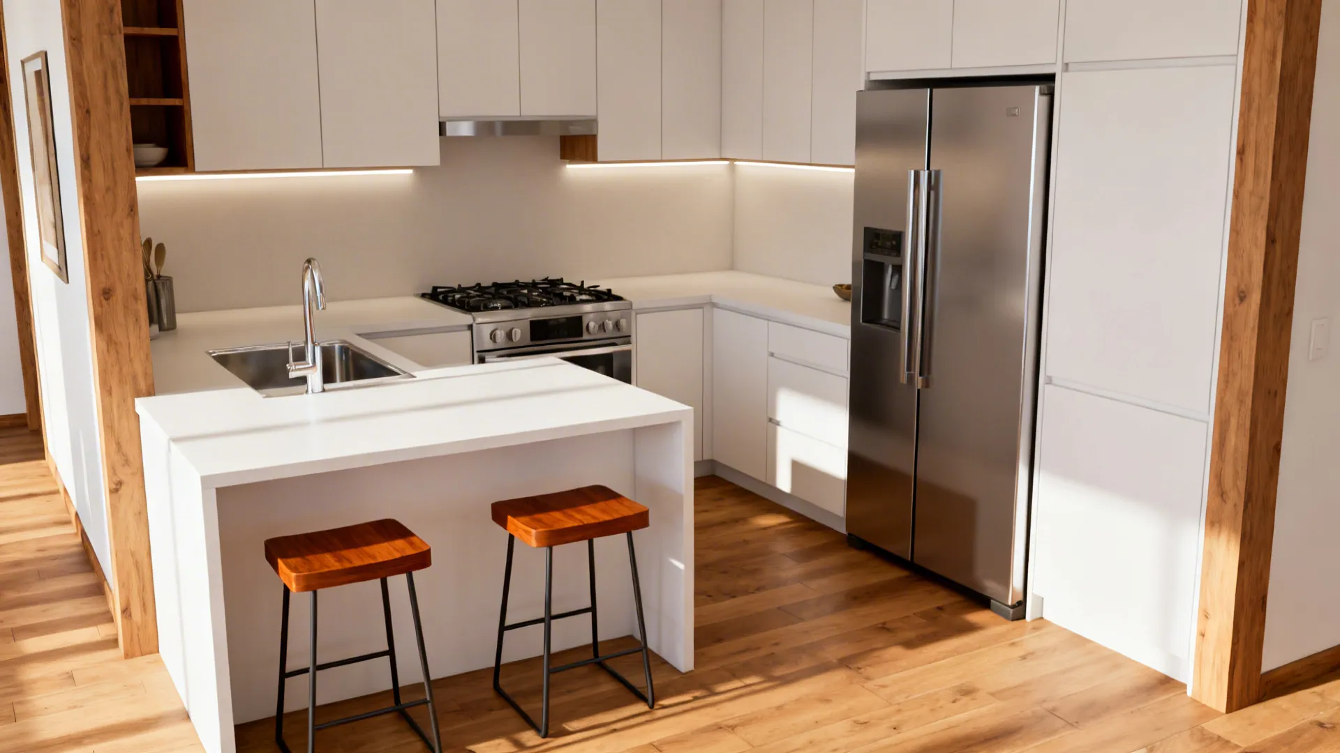 10x10 L-shaped kitchen with a slim peninsula and two stools, clear walkways, and layered lighting.