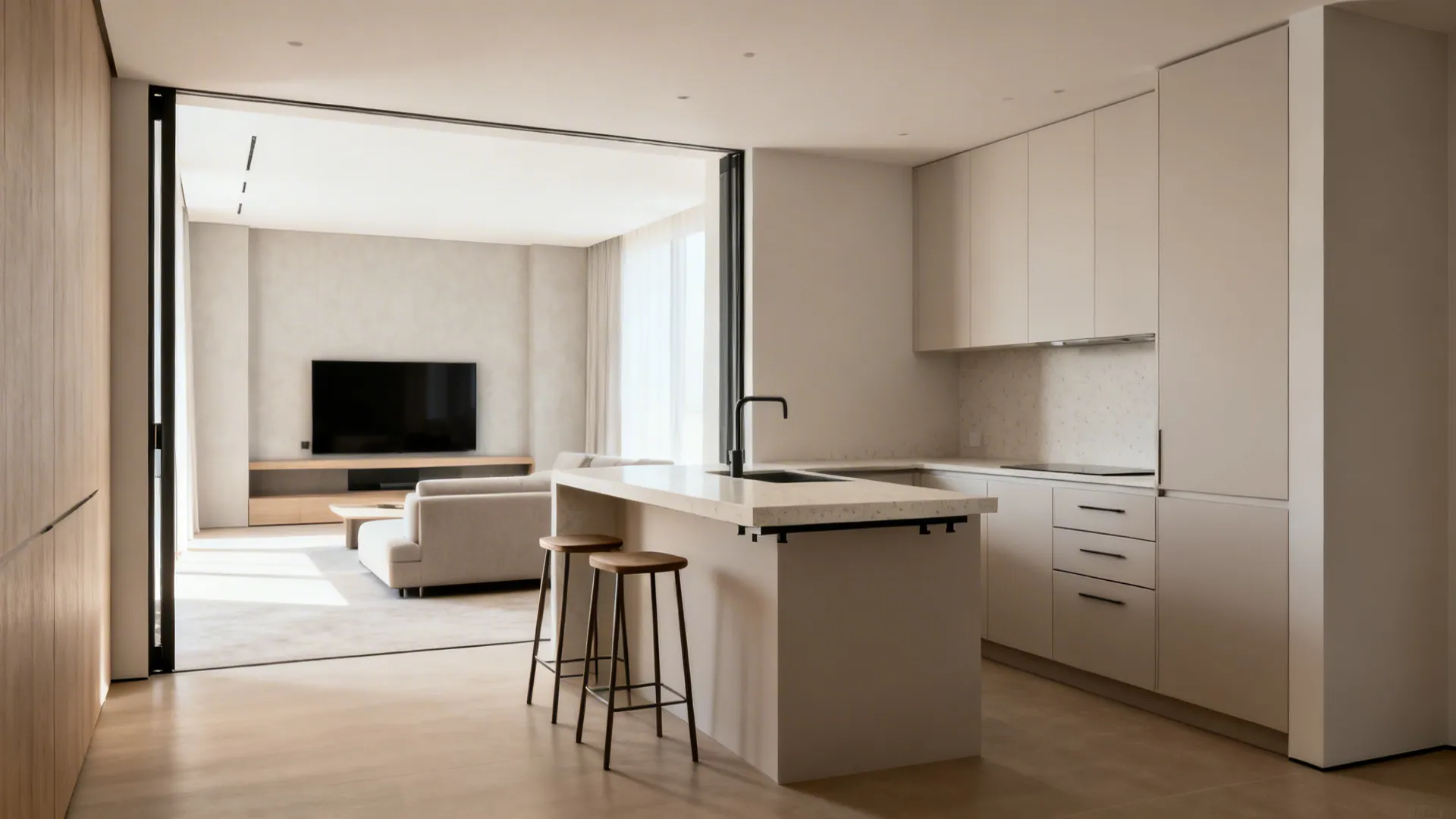 L-Shaped Micro-Kitchen with Island Seating