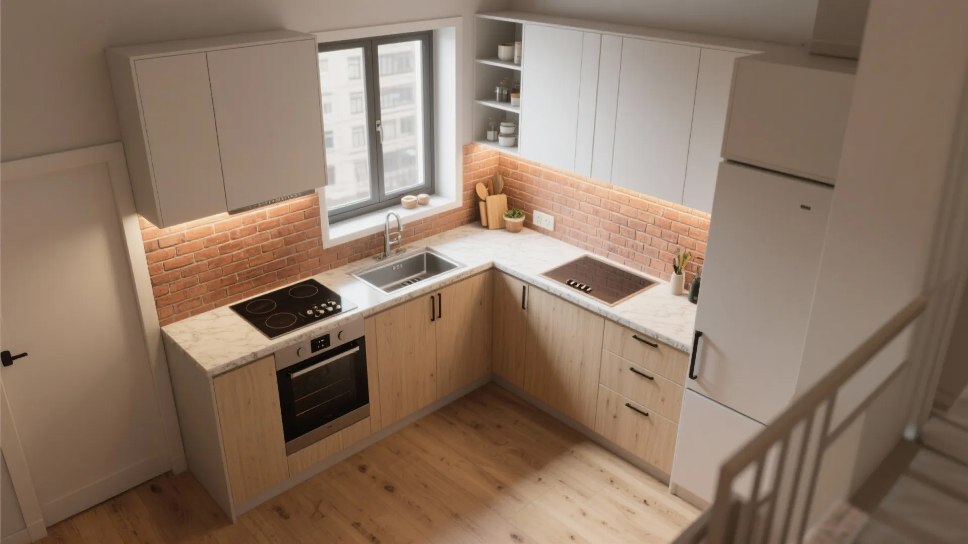 Small kitchen layout + brick: make it work