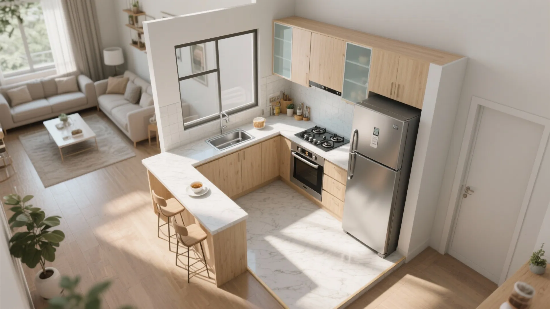 L-shaped small kitchen layout that opens the room