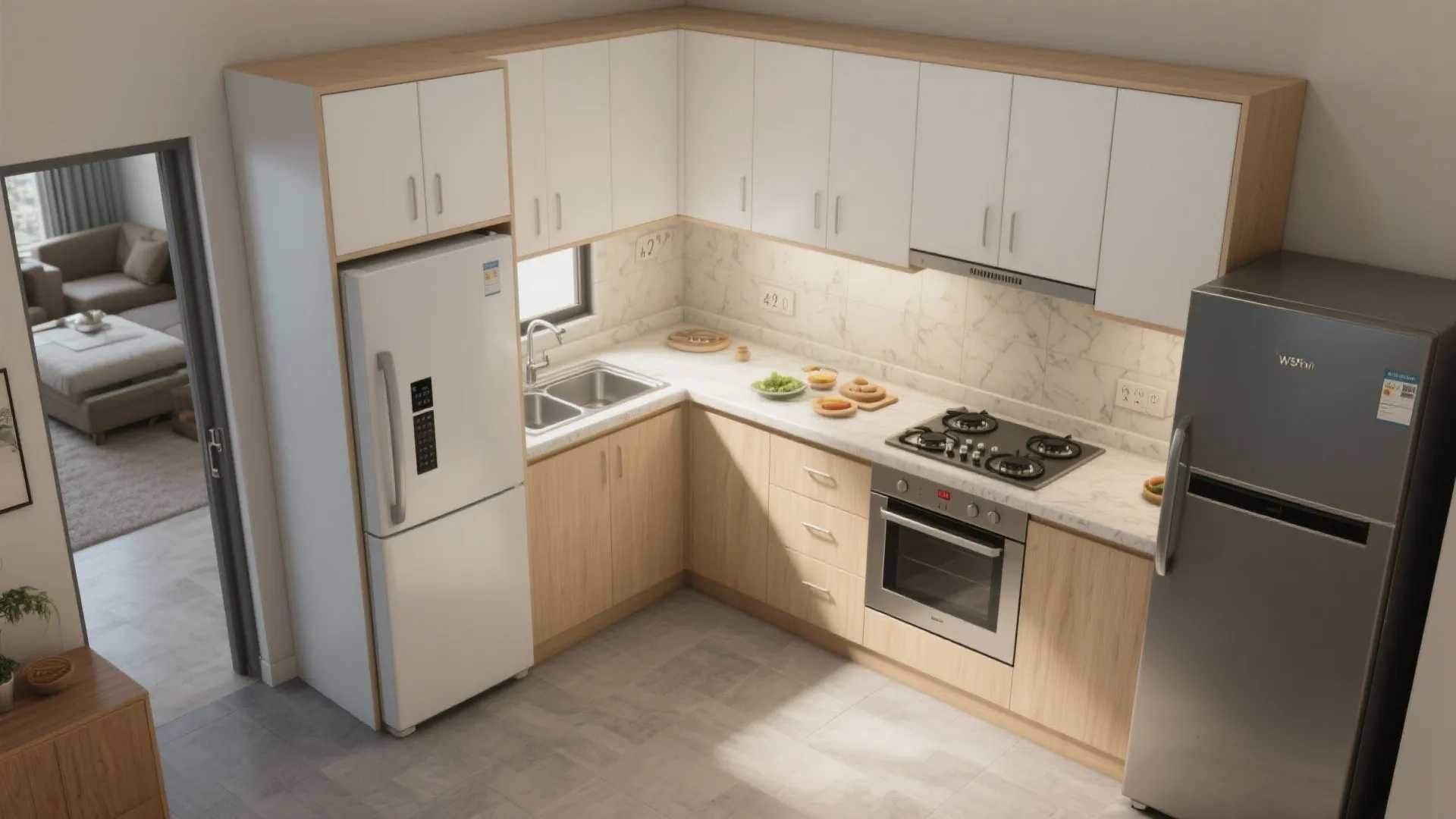 Smart L-shaped kitchen with pocket doors