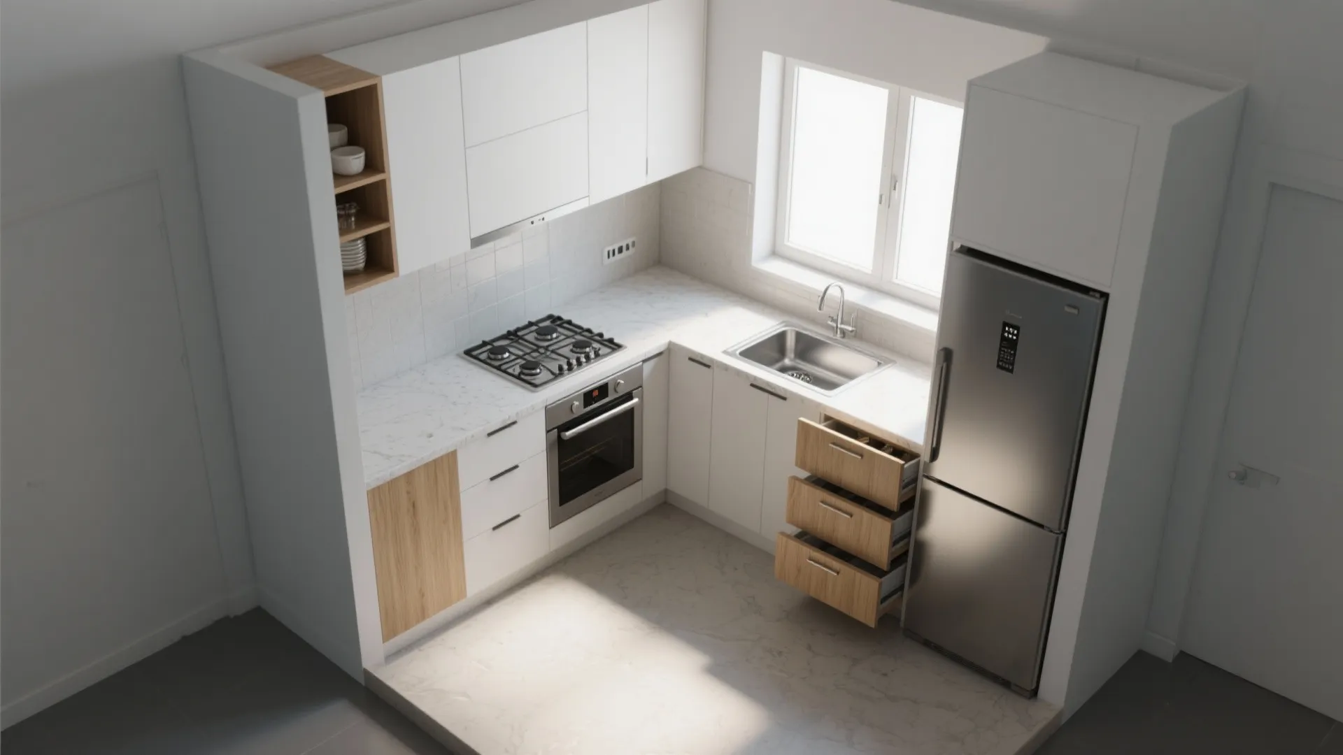 Efficient L-shaped kitchen with vertical storage