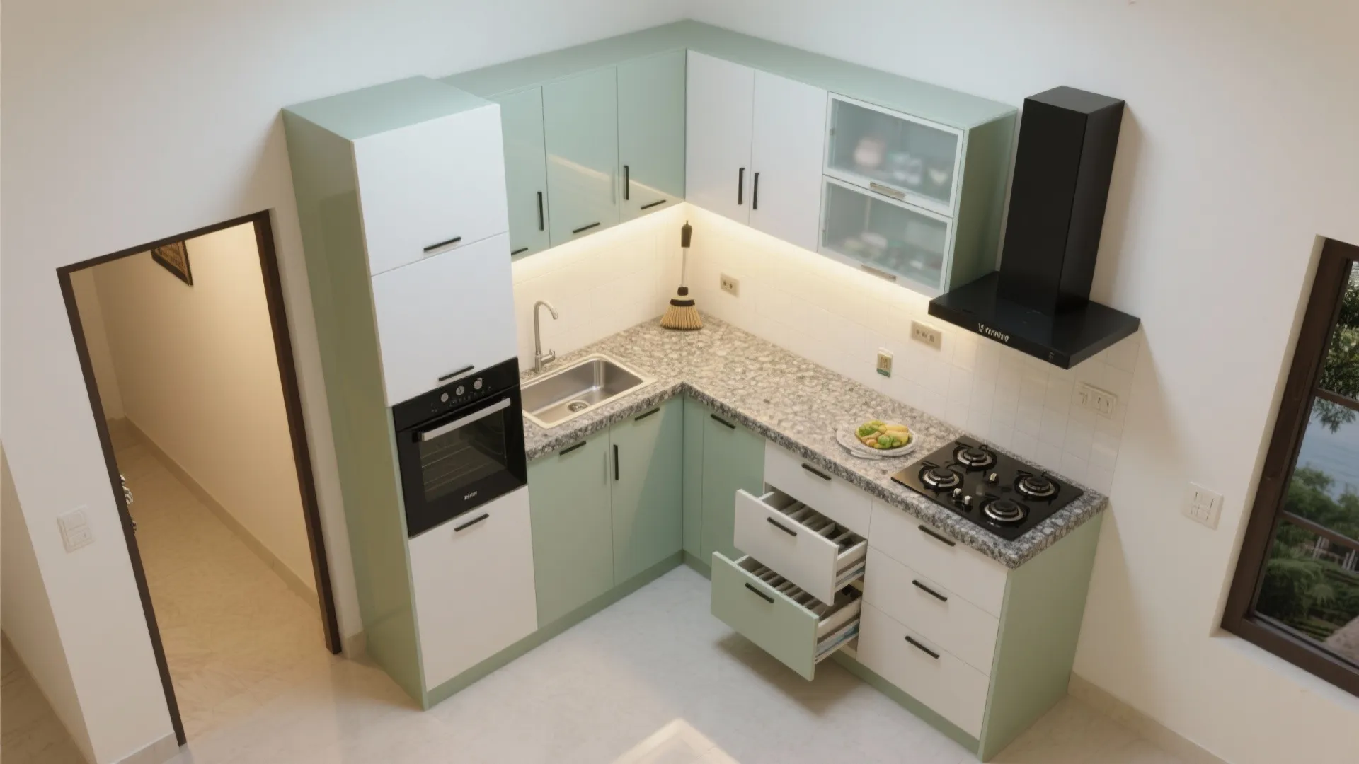 Modular L-shaped kitchen with a tall pantry and compact work zones