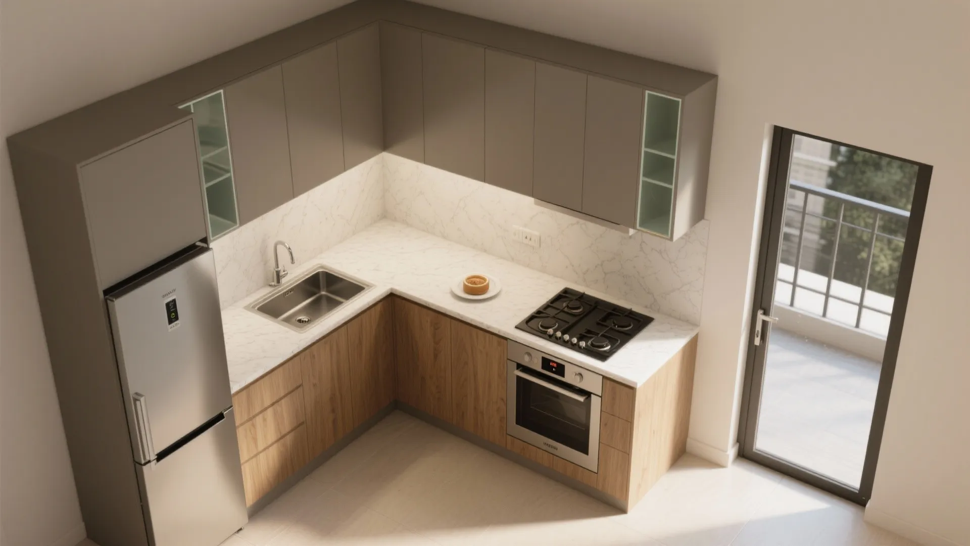 1) L-shaped small kitchen with vertical storage