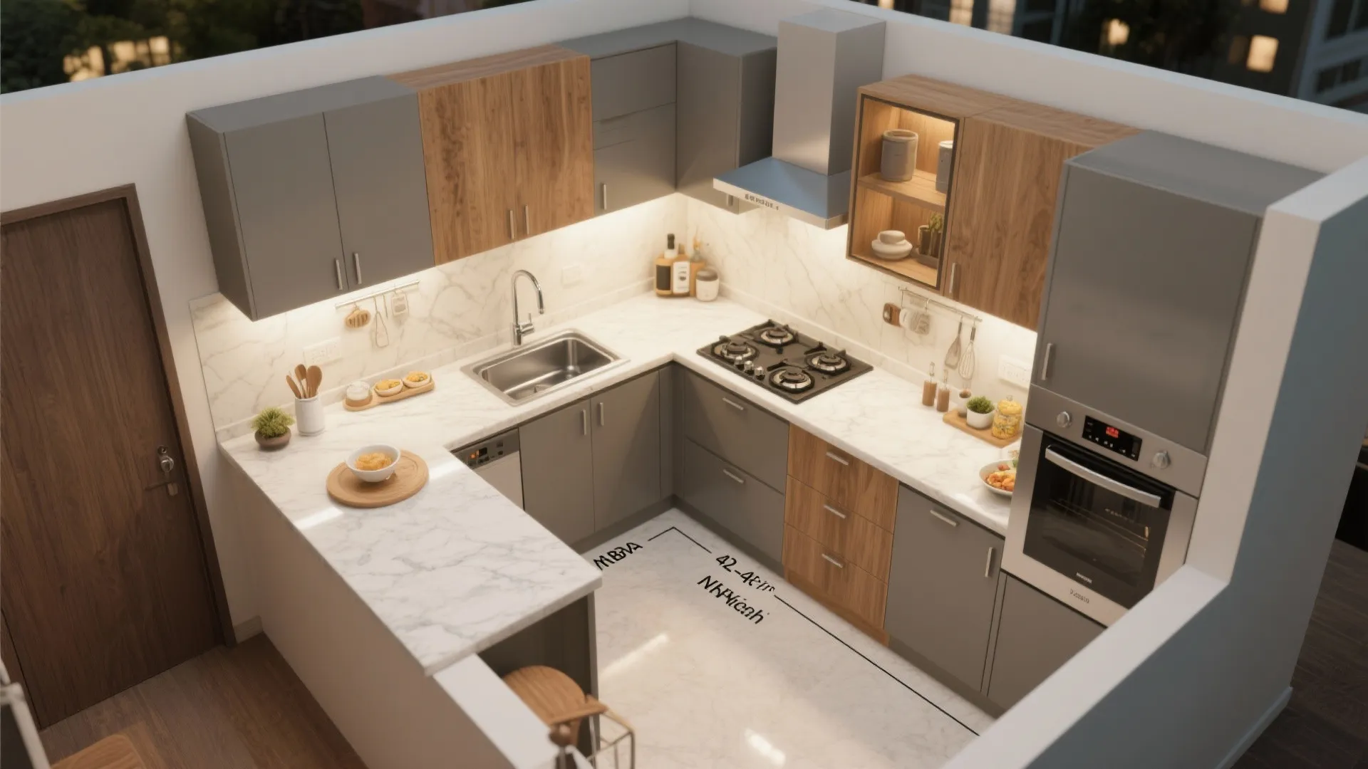 L-shaped kitchen that frees counter space