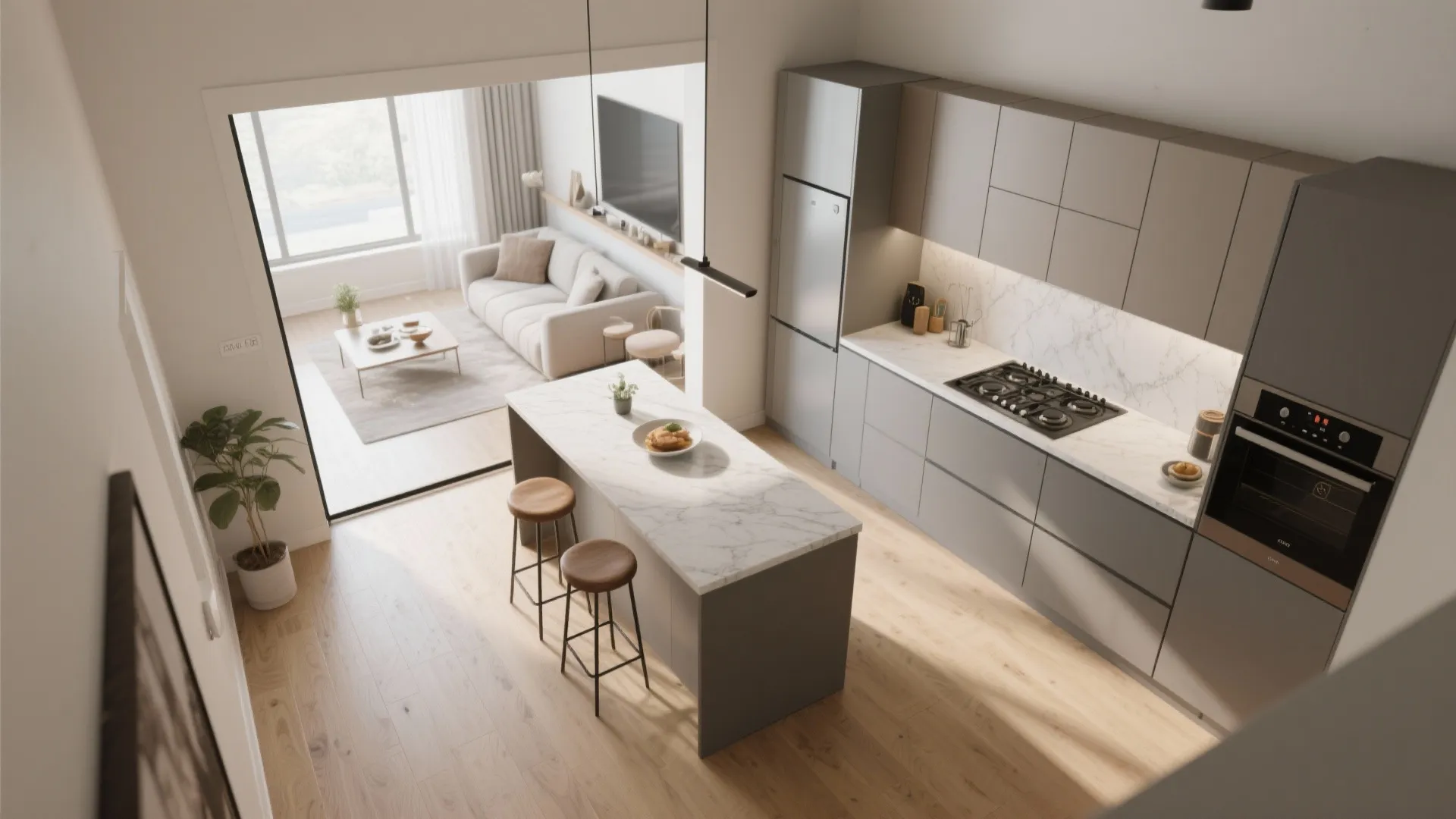 Open-plan L-shaped kitchen with a breakfast ledge
