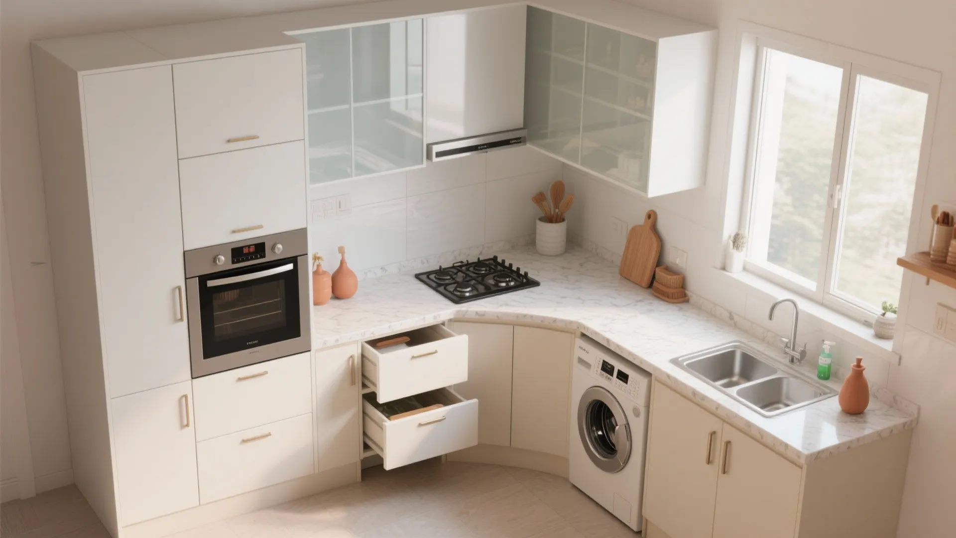 L-Shaped Kitchen with Vertical Storage and a Utility Tuck