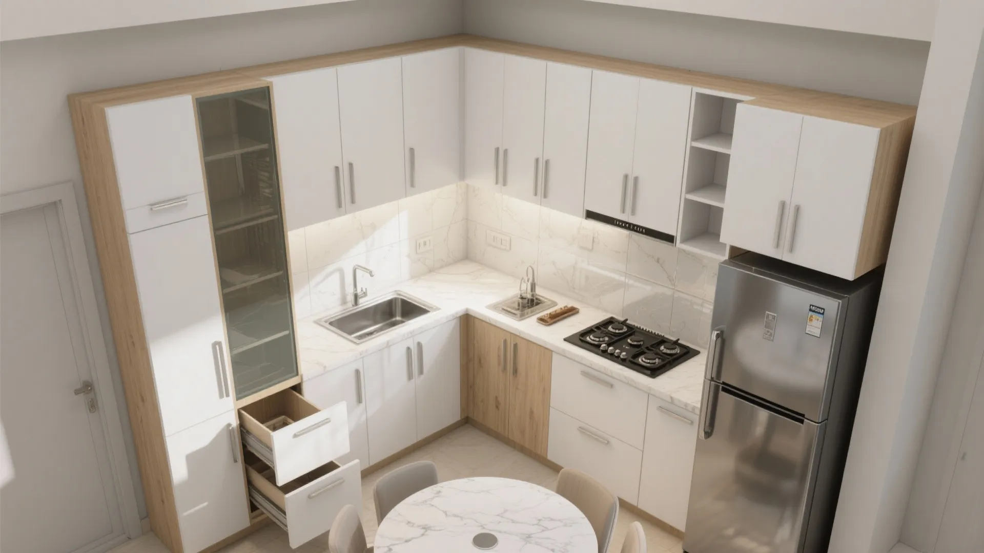 Minimalist Kitchen Storage With An L-Shaped Layout