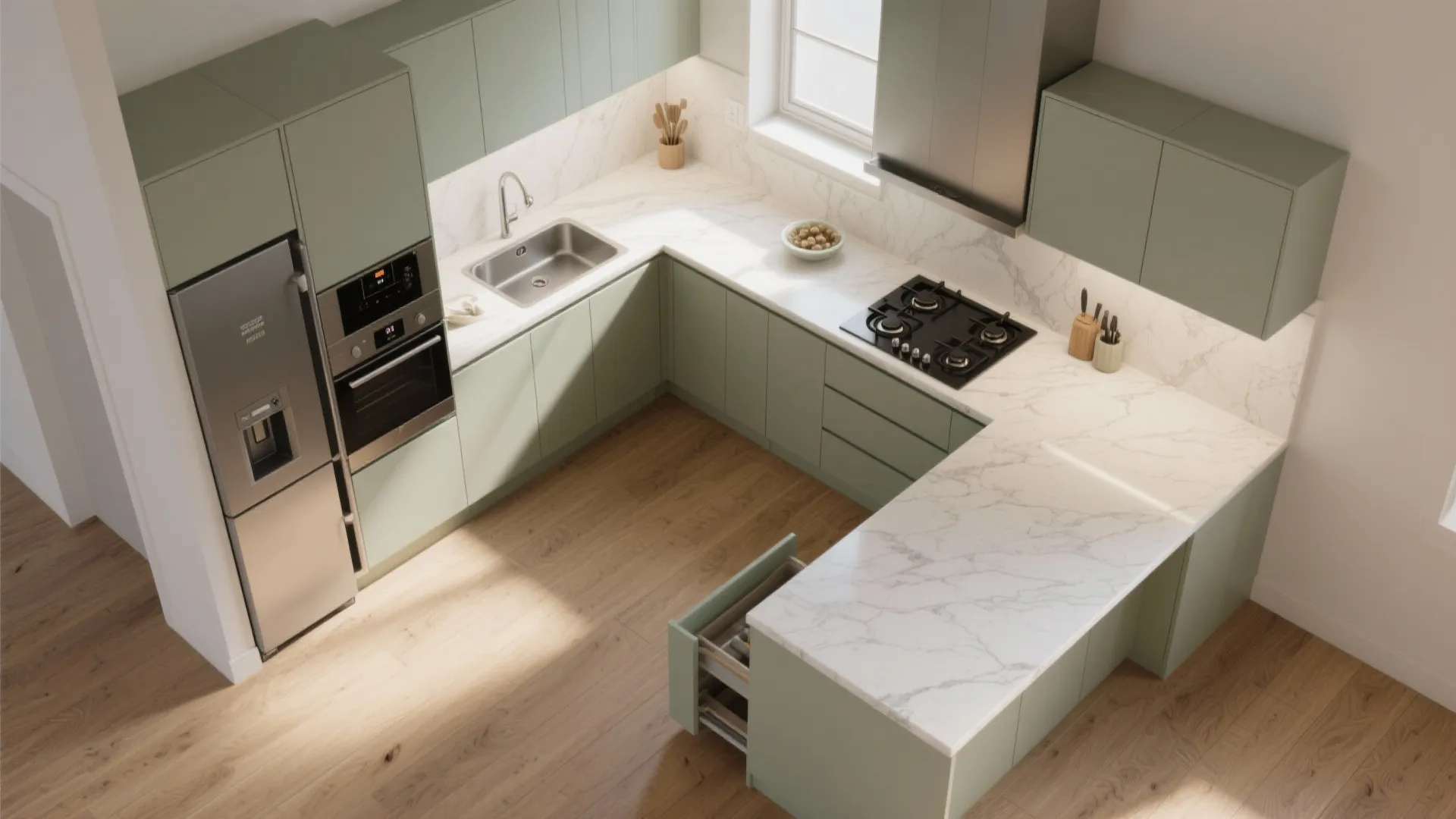 L-shaped kitchen that expands prep space