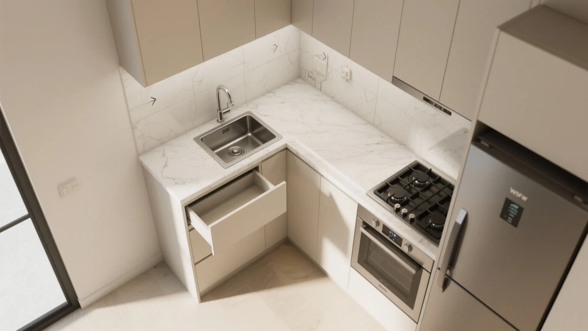 L-shaped compact kitchen that works with a narrow footprint