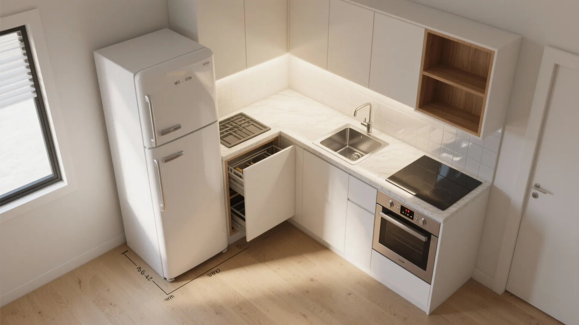 Small white kitchen room layout with fridge sink stove oven and overhead wood storage cabinets