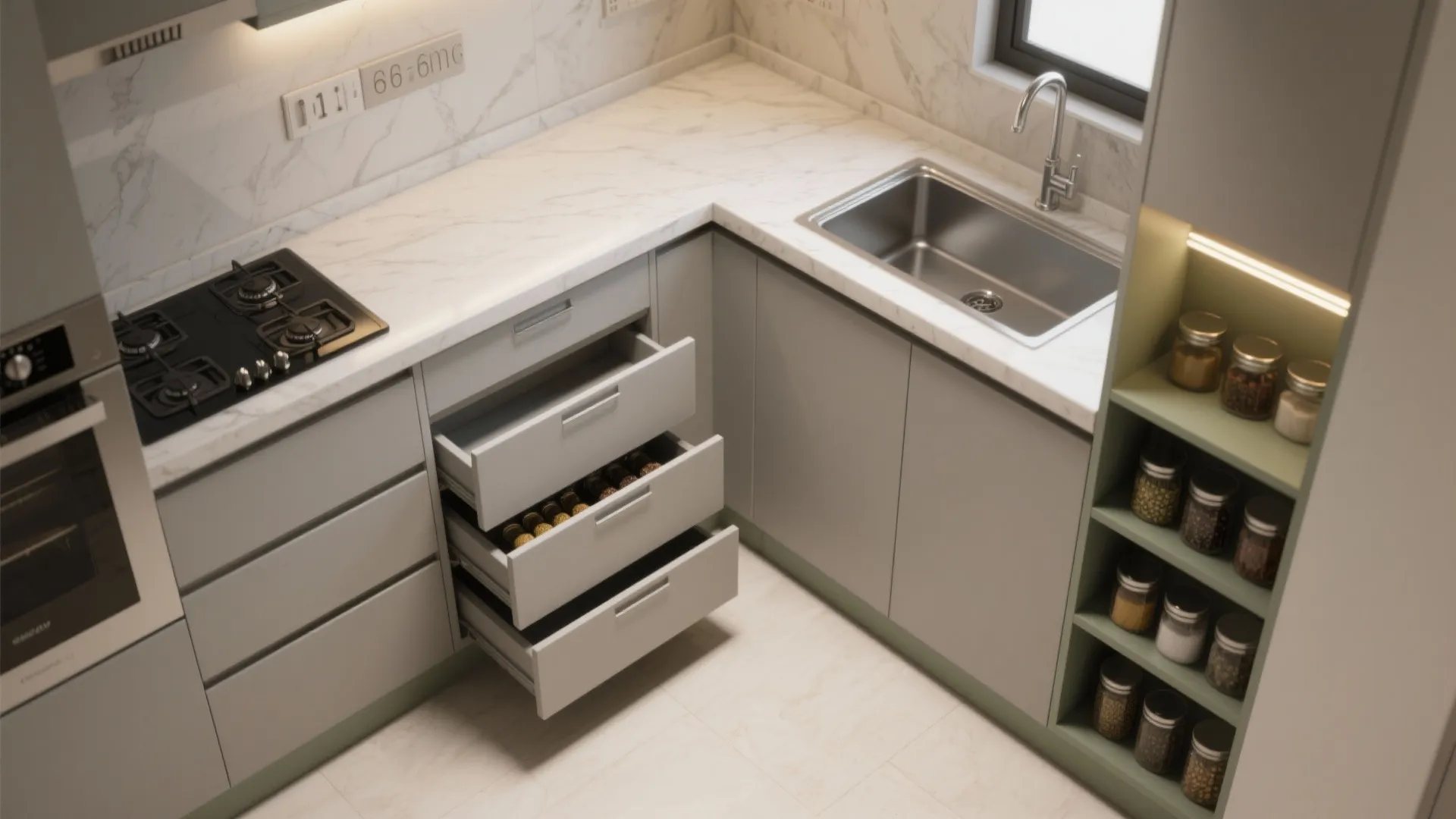 Minimalist kitchen storage with an L-shaped layout