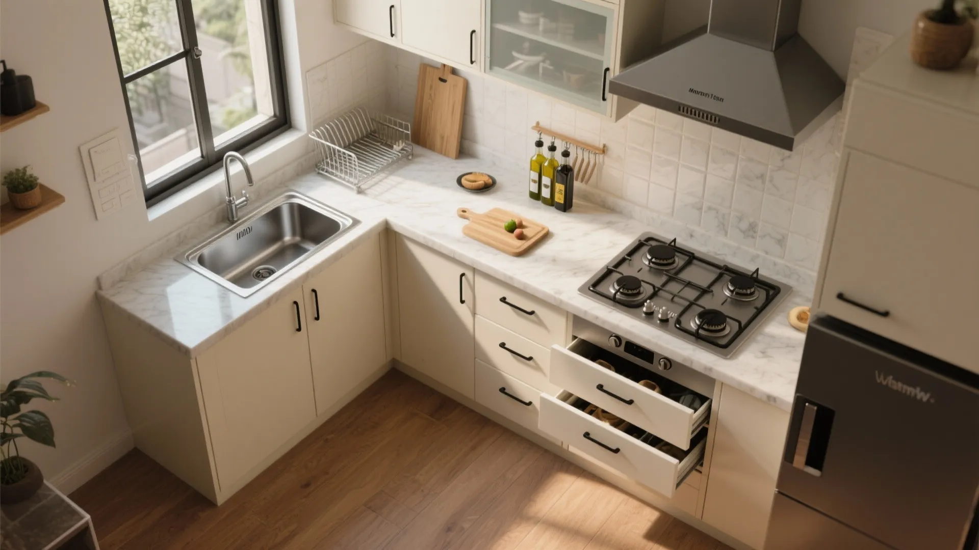L-shaped micro-kitchen with clear dry–wet zones
