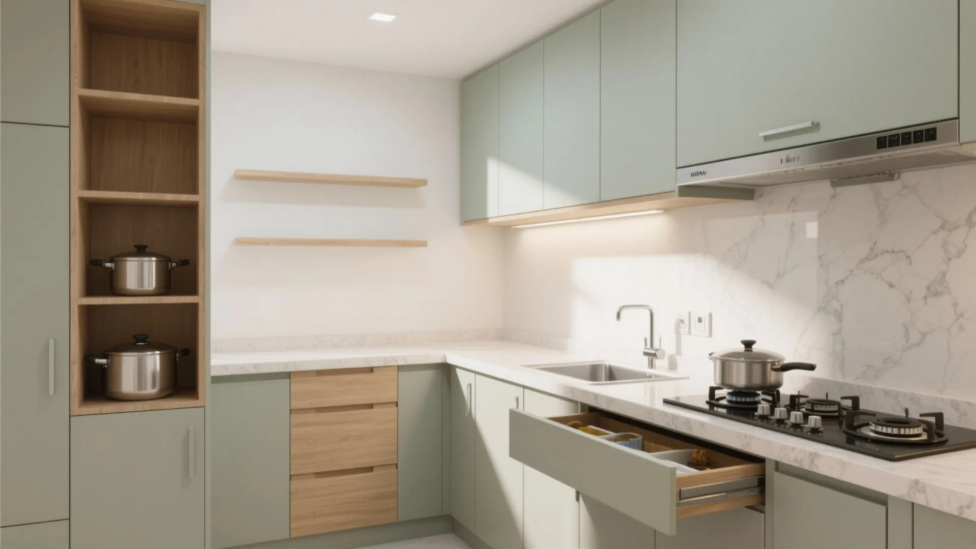 Minimalist kitchen storage in a compact 1 BHK