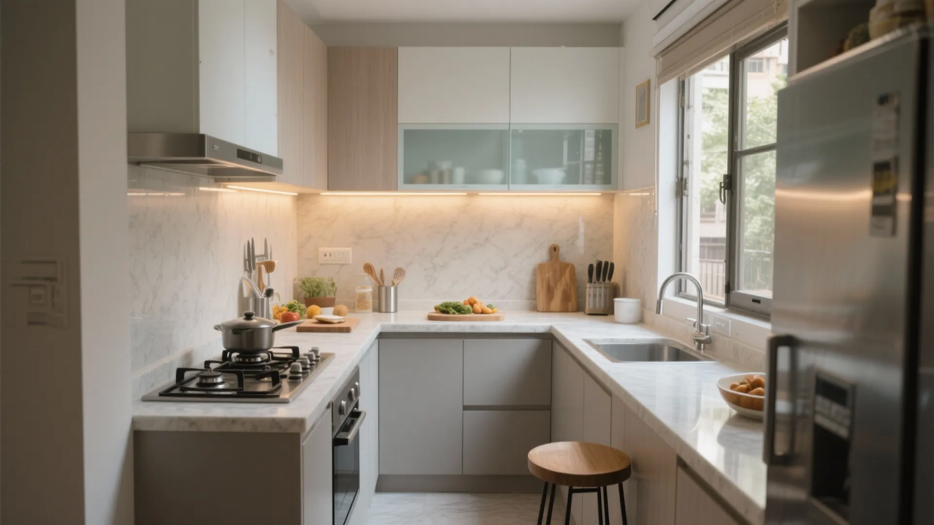 L-shaped compact kitchen that works with a narrow footprint