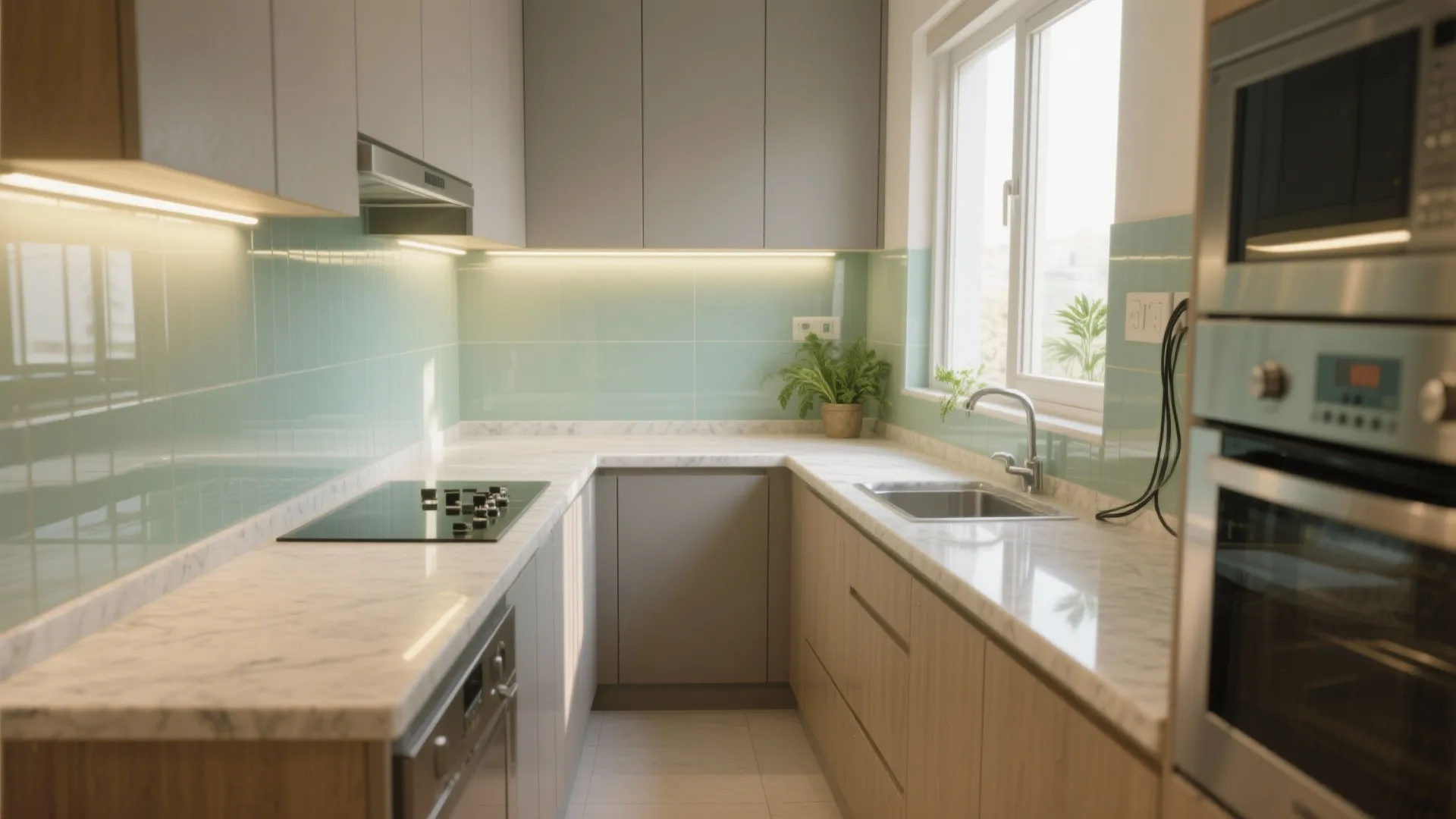 Breezy L-Shaped Kitchen With a Light-Reflecting Backsplash