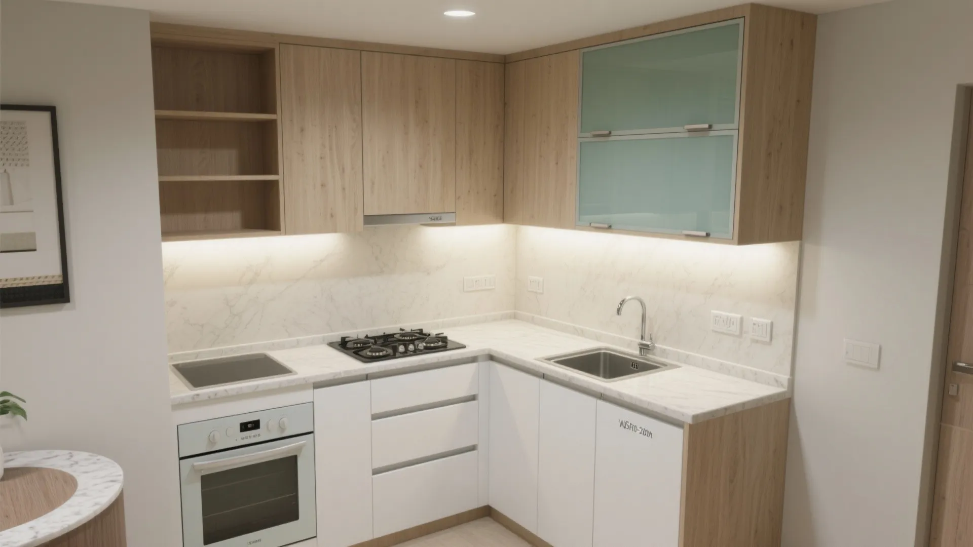 Modern L-shaped kitchen with wooden upper cabinets white lower cabinets marble countertops and a built-in oven