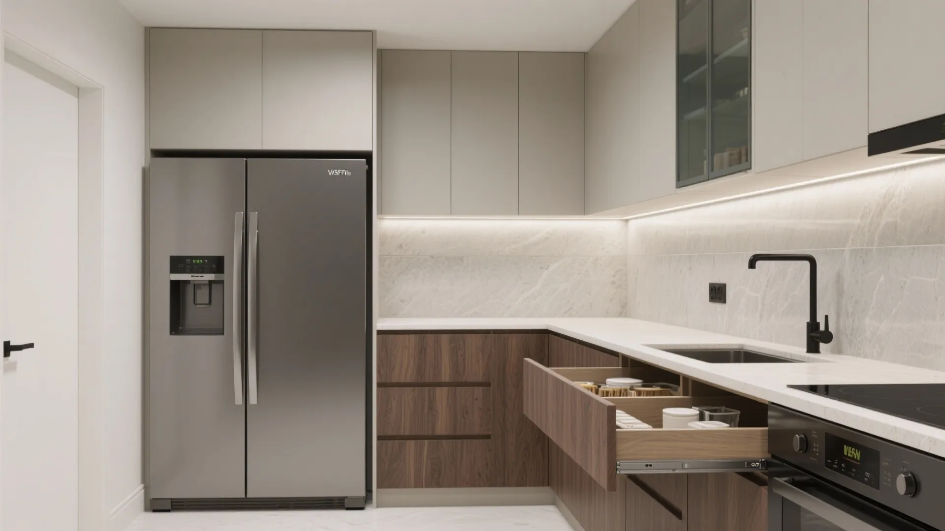 Compact L-Shape Kitchens with Integrated Storage