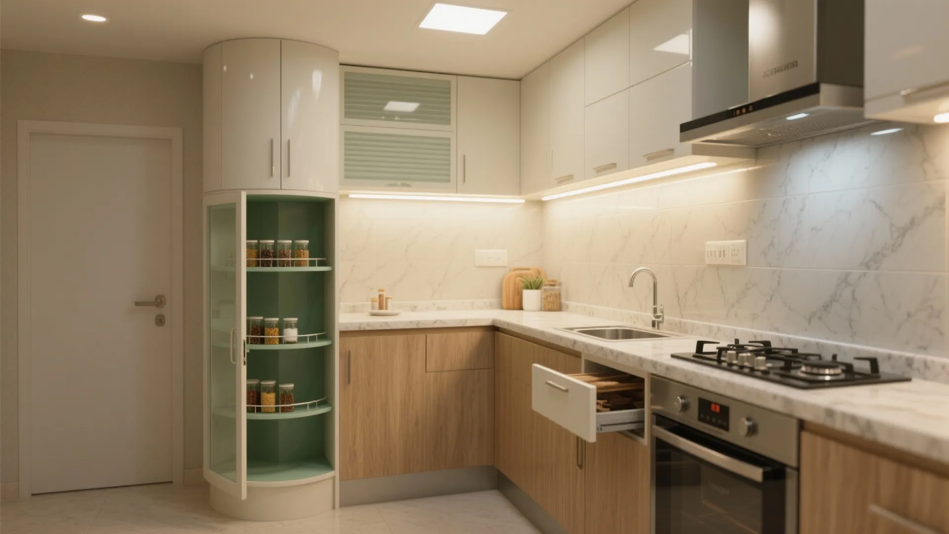 1) A space-savvy L-shaped kitchen with pocket storage