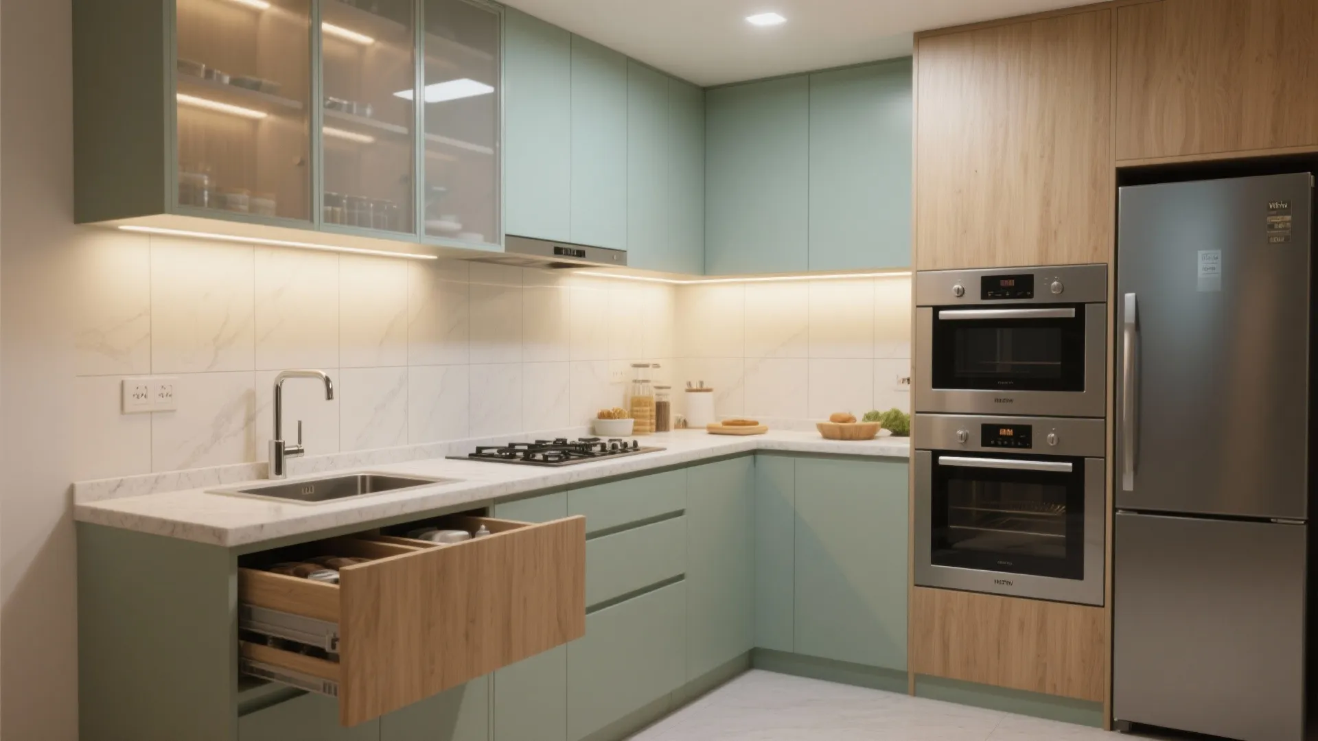 L-shaped kitchen optimization with full-height storage