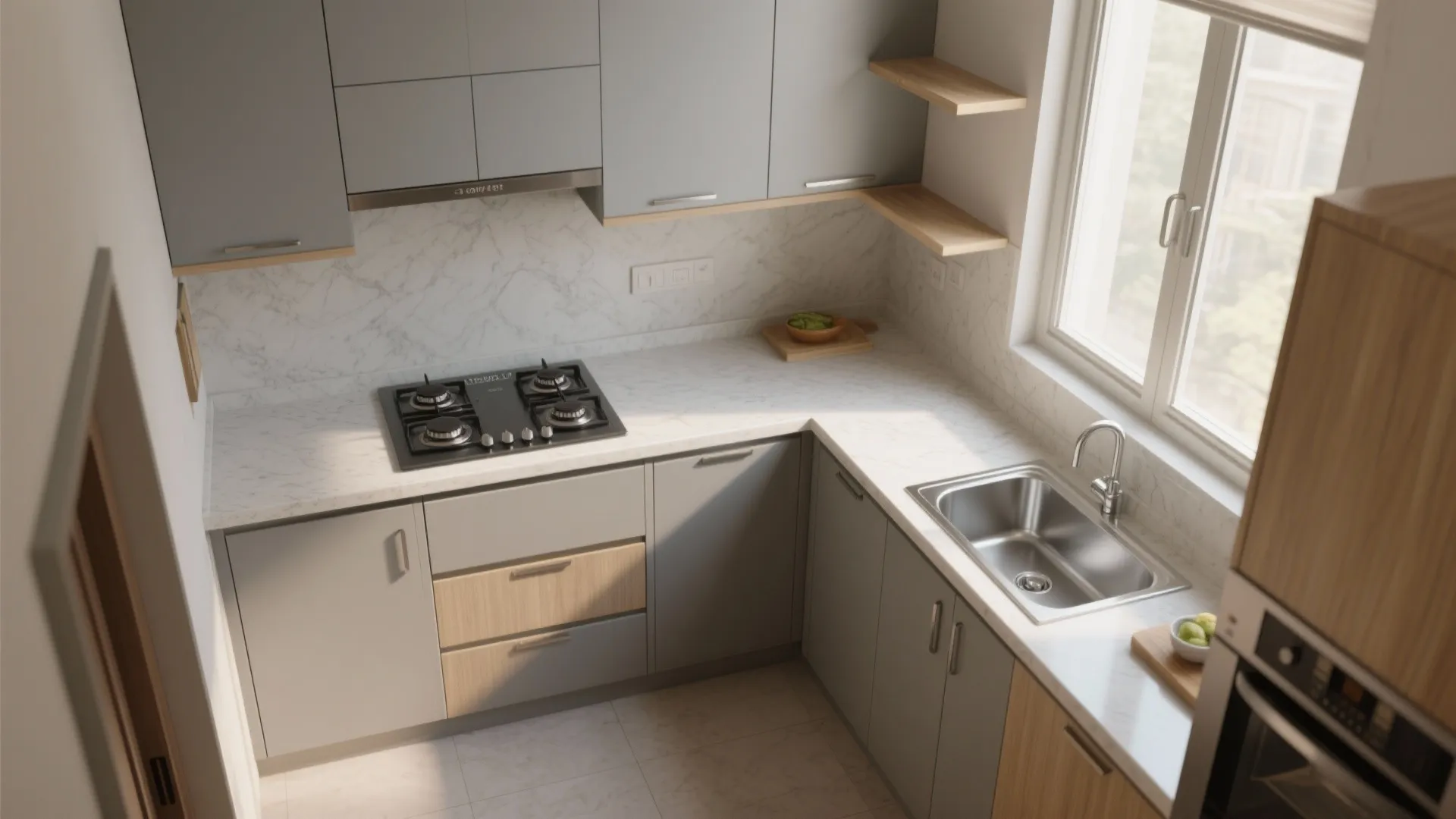 1) L-shaped small kitchen workflow for a 3 BHK