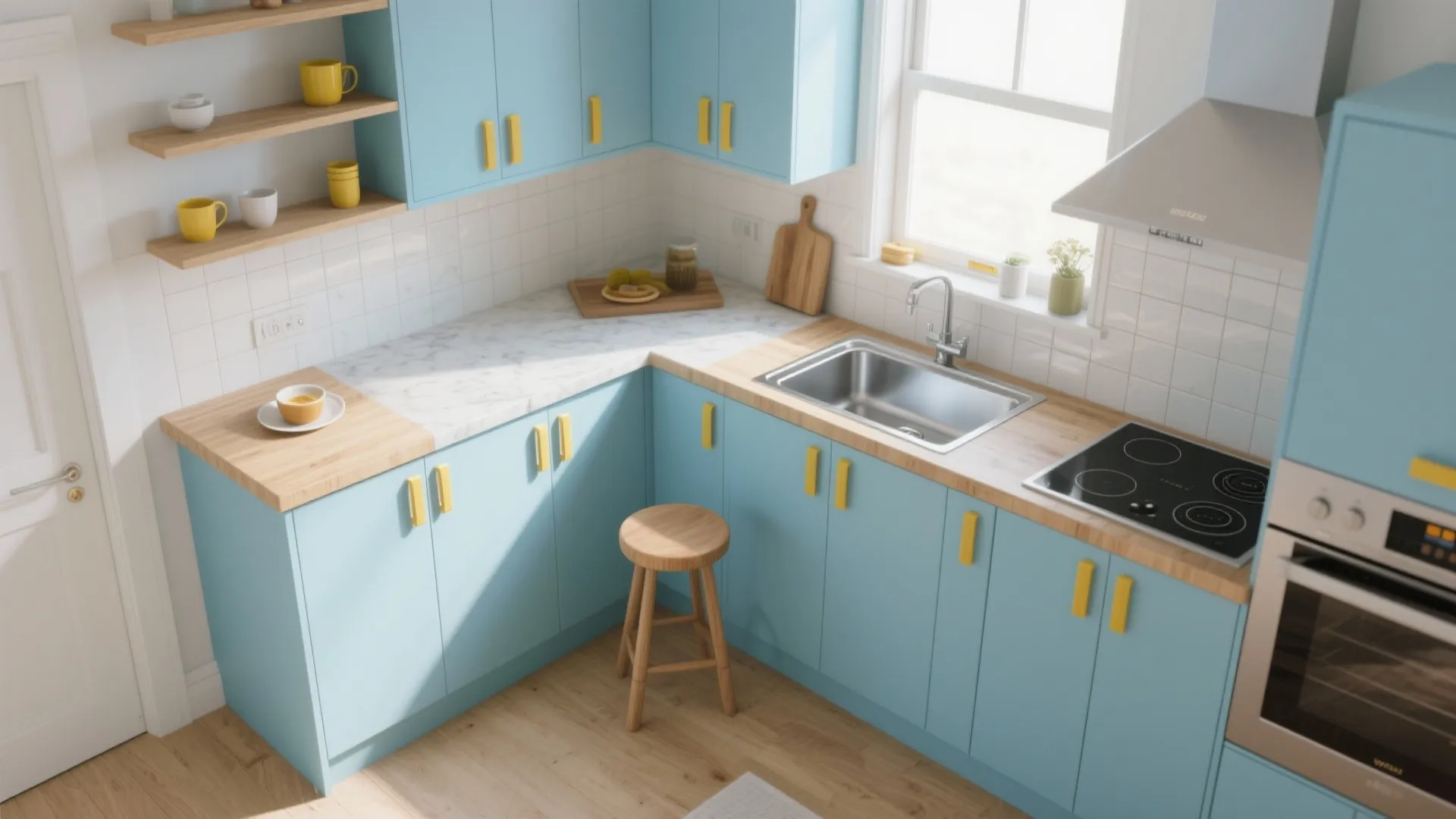 Light blue kitchen with wooden countertops yellow handles steel sink stove oven and a wooden stool