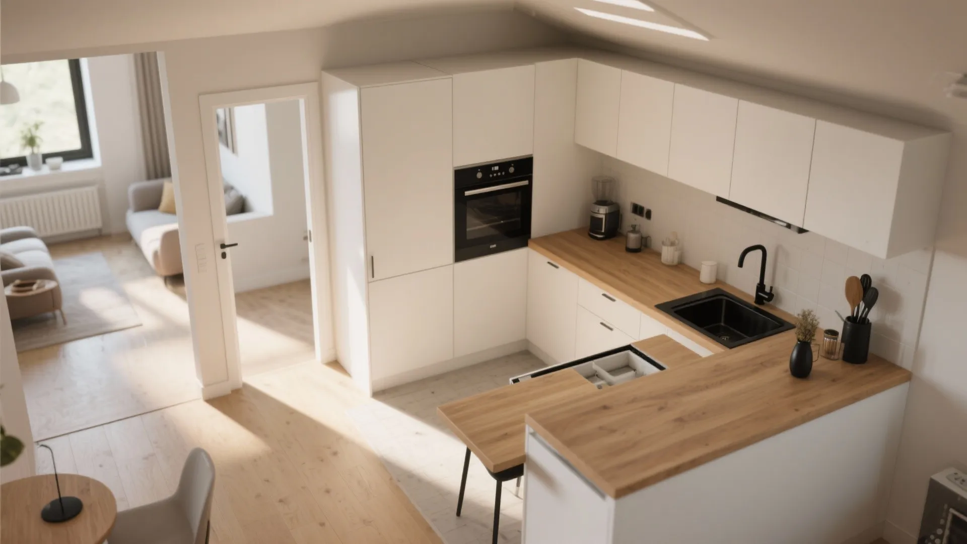 L-Shaped Mini Kitchen with a Slide-Out Table