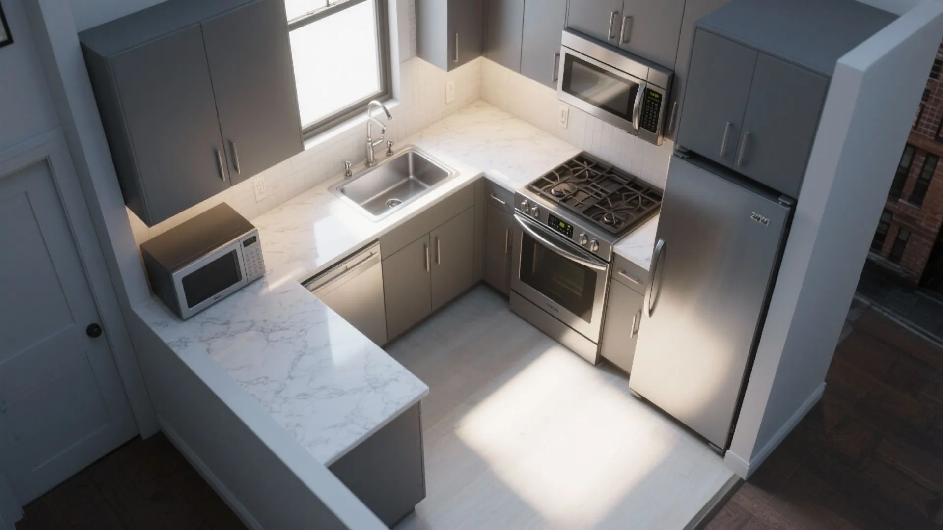 L-Shaped Kitchen with Compact, High-Function Appliances