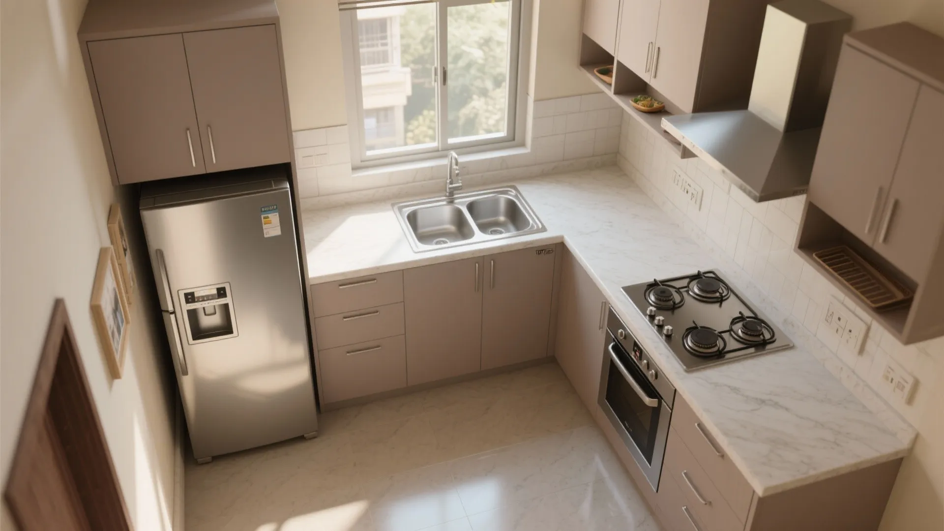 L-shaped small kitchen layout for flow and prep space