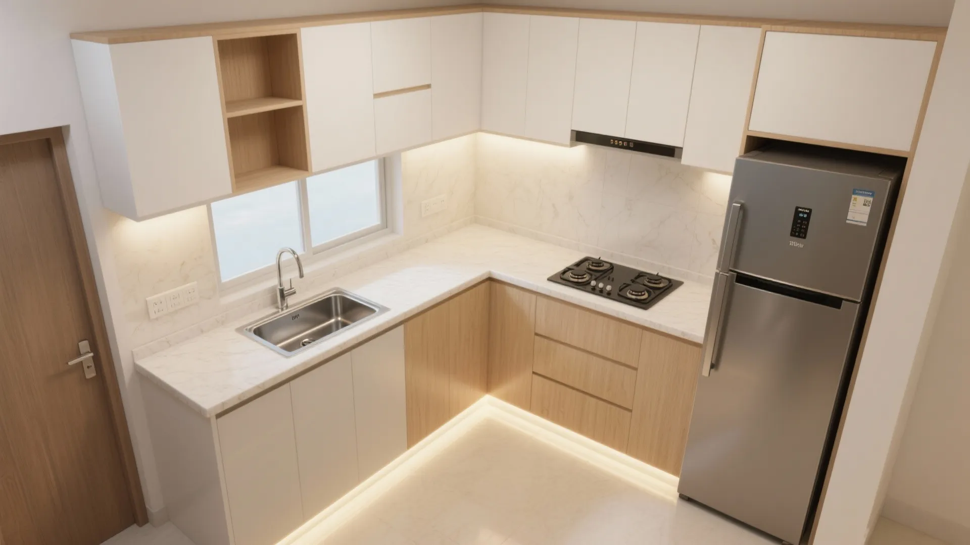 L-shaped Kitchen + Utility Zoning for a 2 BHK