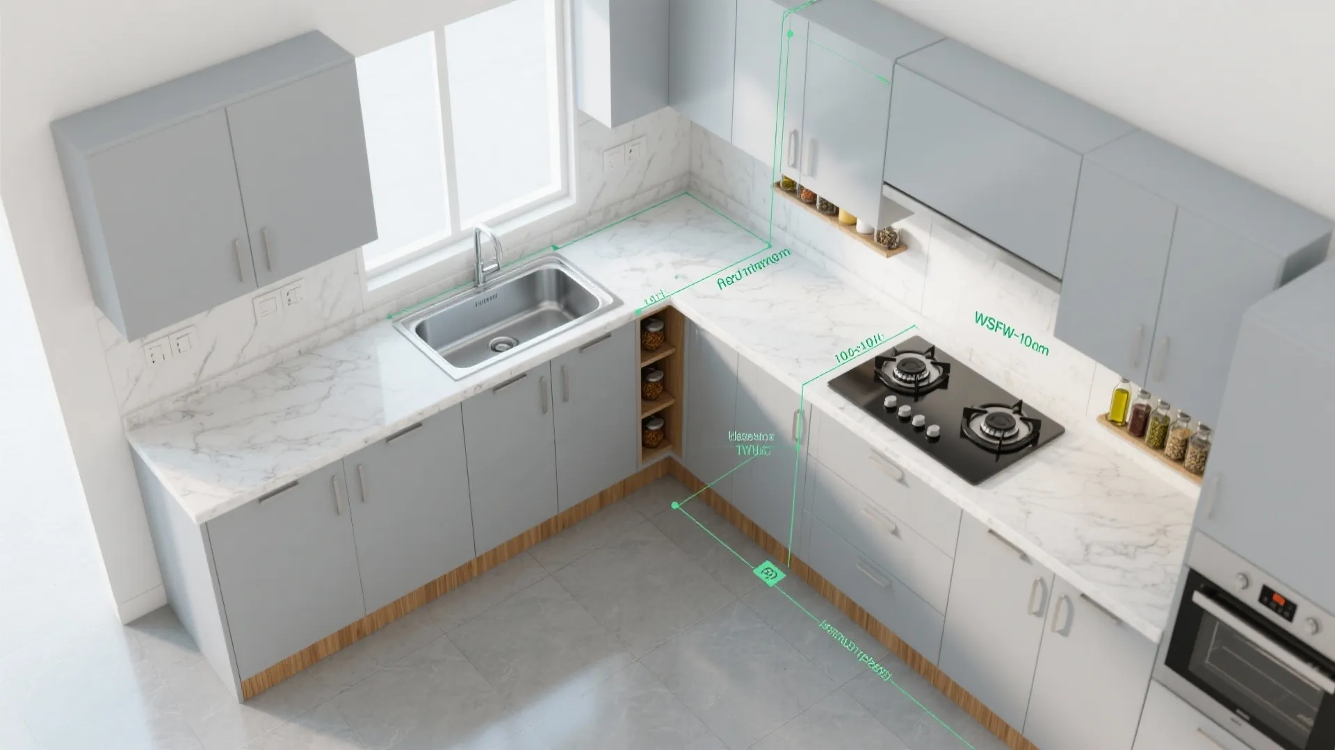 1) L-shaped, light-forward kitchen planning