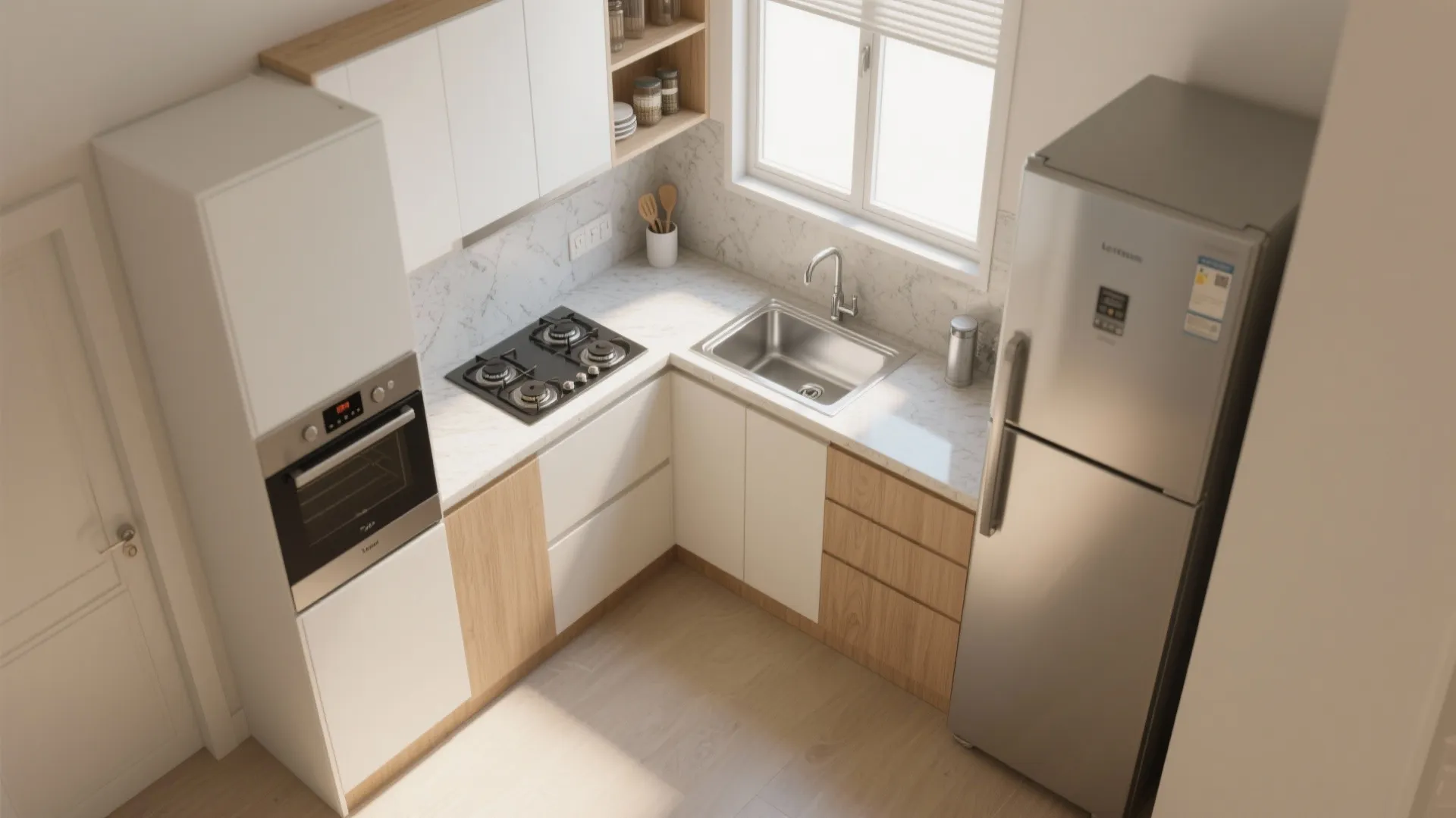 L-shaped small-kitchen layout that maximizes counters