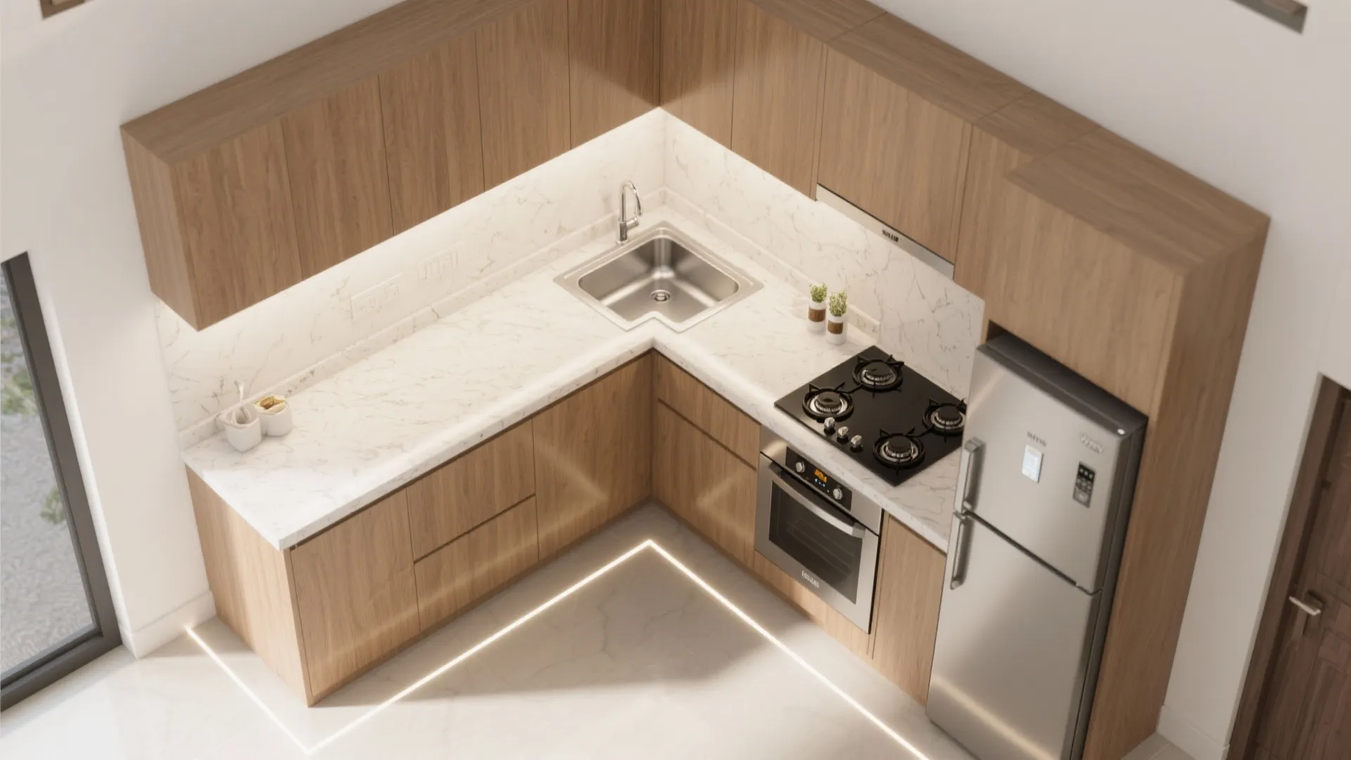 1) L-shaped kitchen efficiency that doesn’t crowd the living