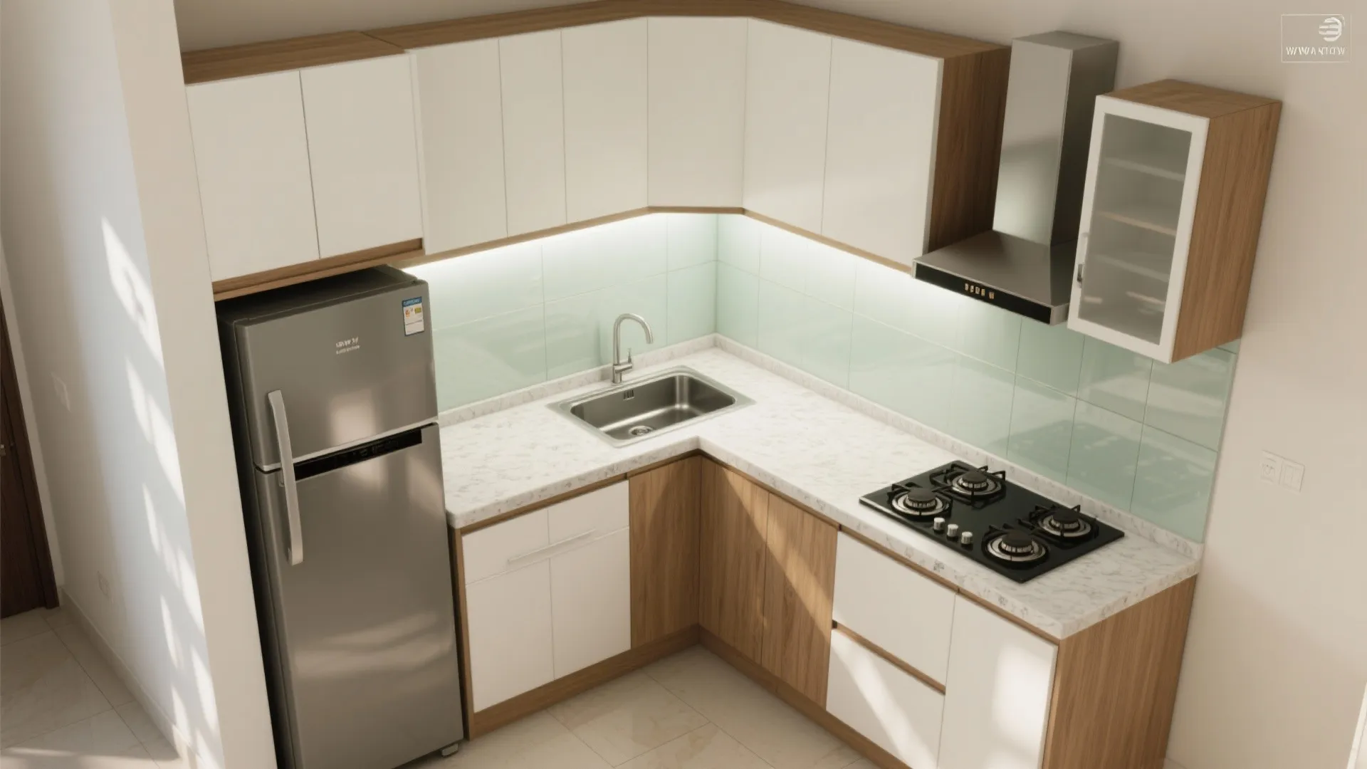 2) L-shaped small kitchen with a glass backsplash