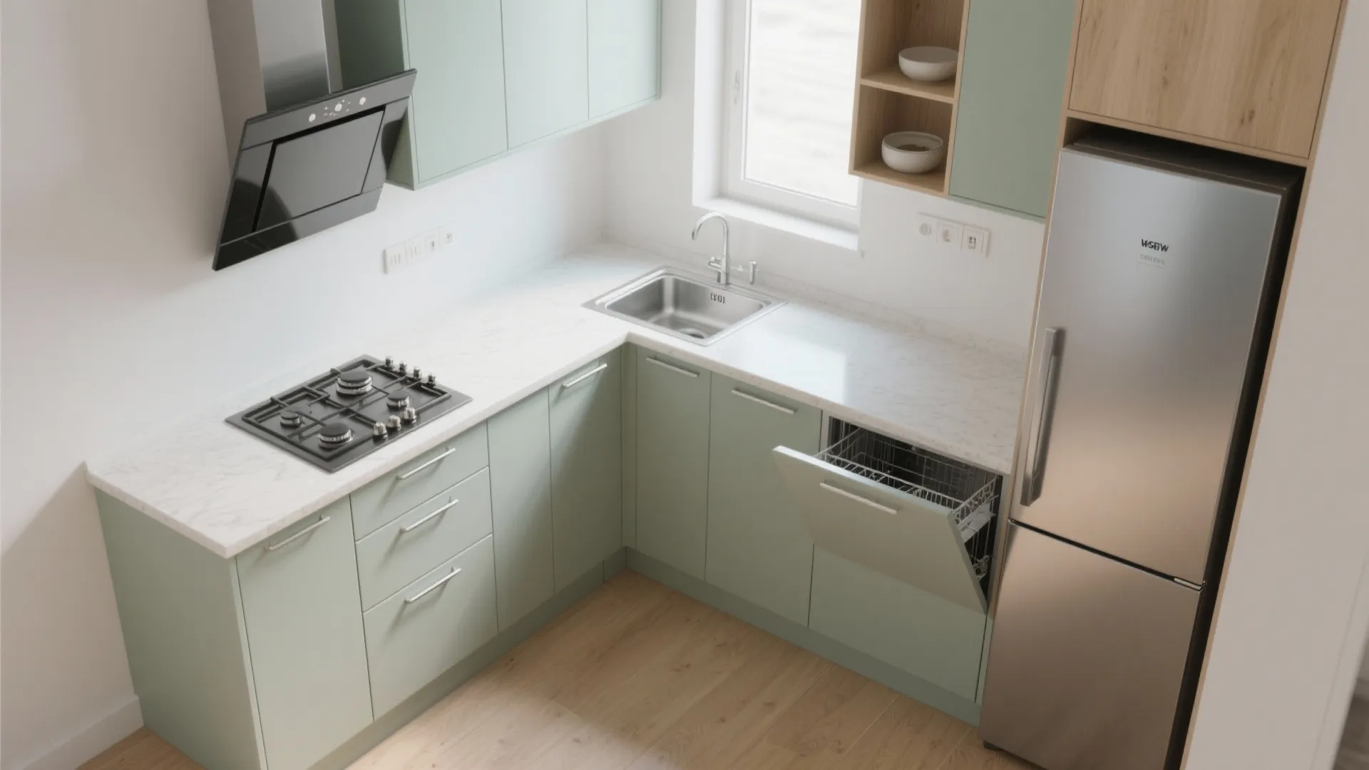 Modular kitchen with an L-shaped layout