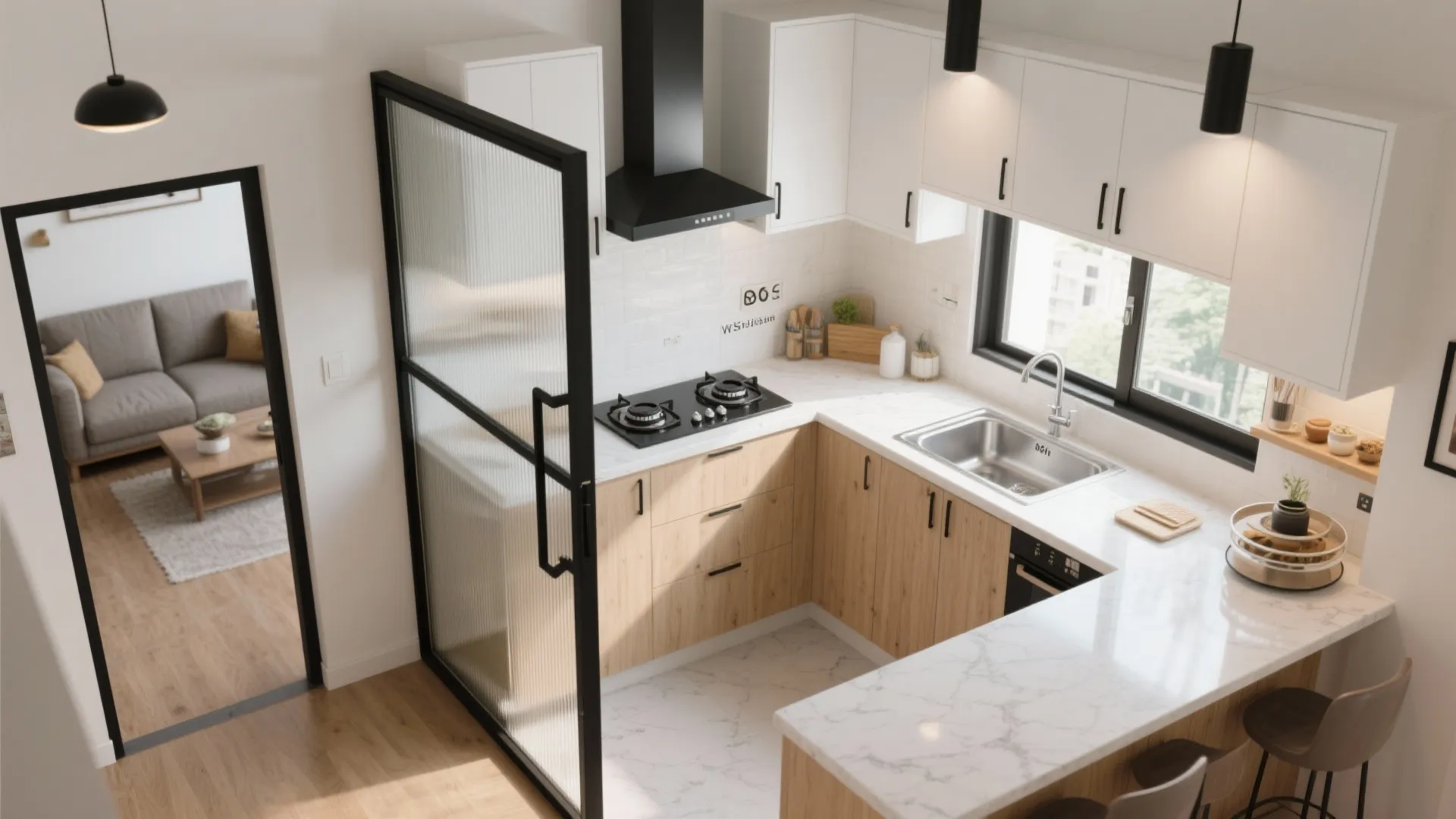 Glass-partitioned L-shaped kitchen with easy ventilation