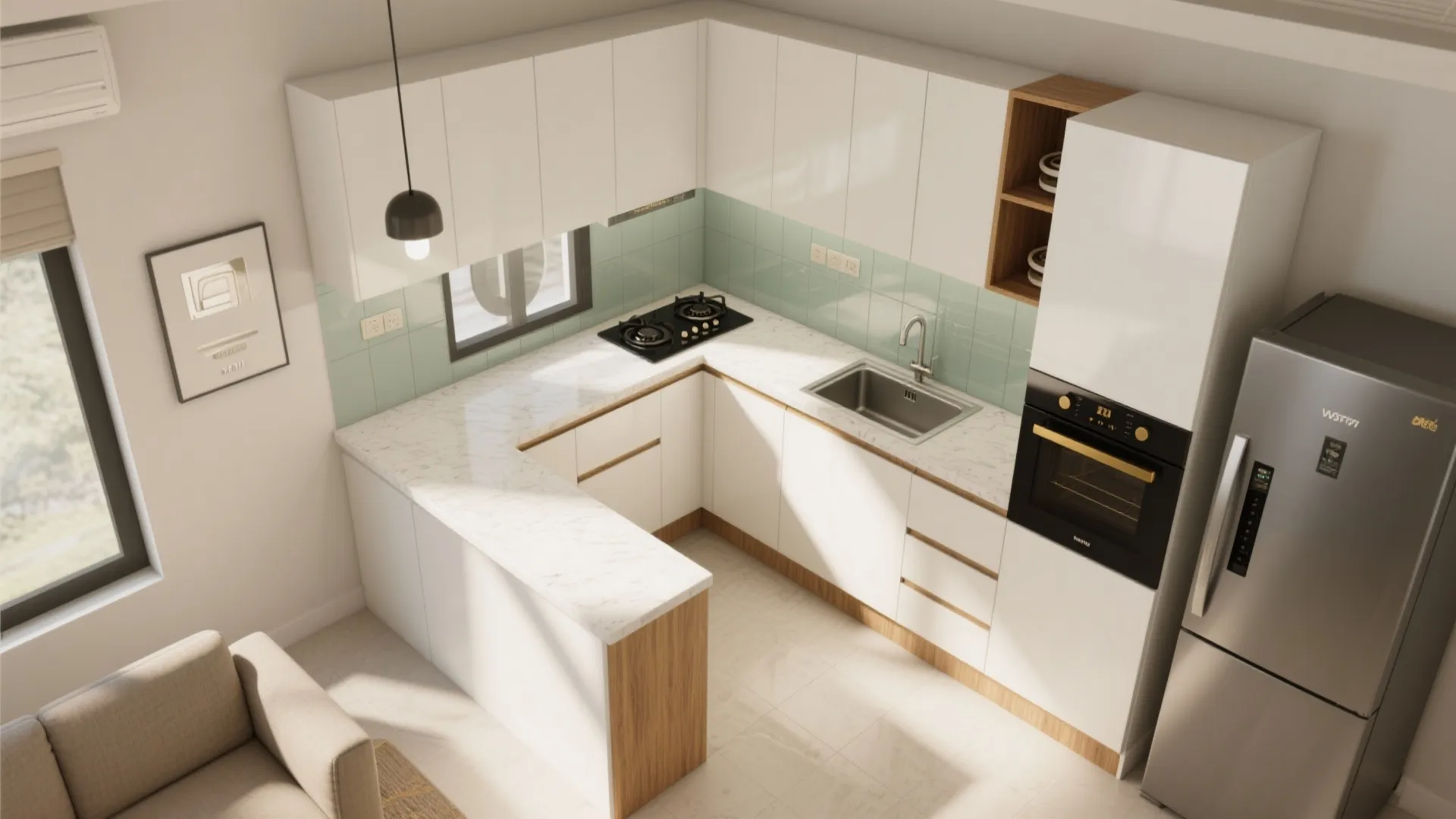 L-Shaped Compact Kitchen with a Slim Peninsula