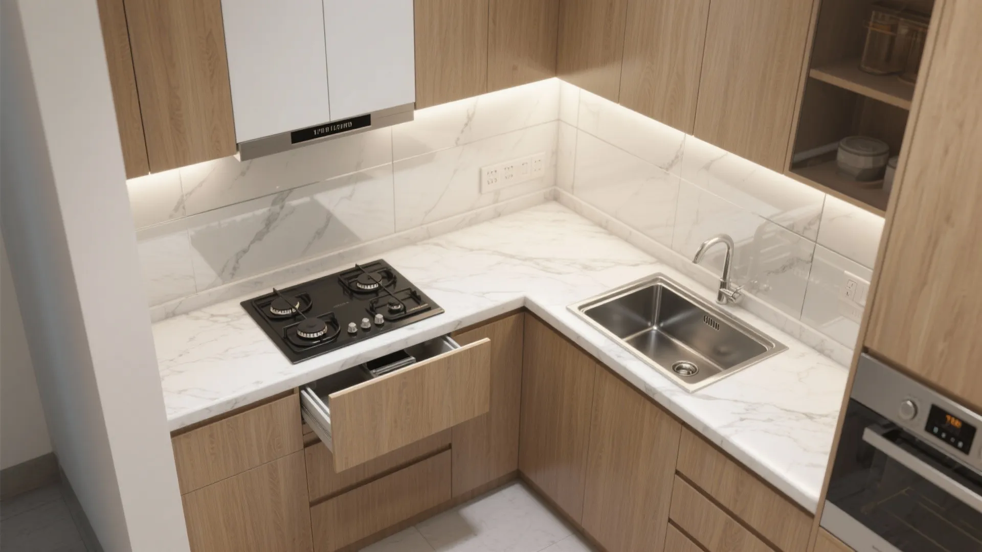 A Small Kitchen That Performs: L-Shaped or Parallel, With an Airy Glass Backsplash