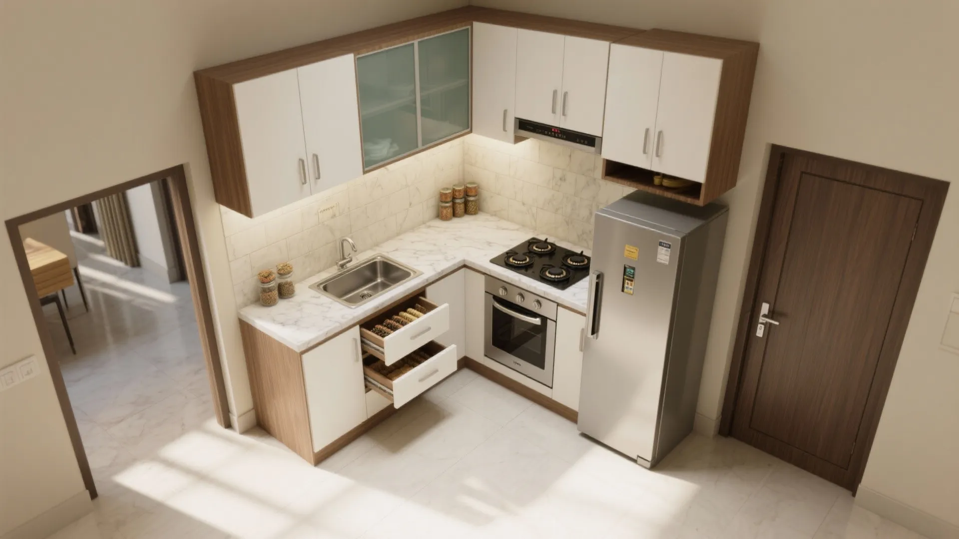 Modern L shaped kitchen with white cabinets marble countertop silver fridge and wood floor interior design