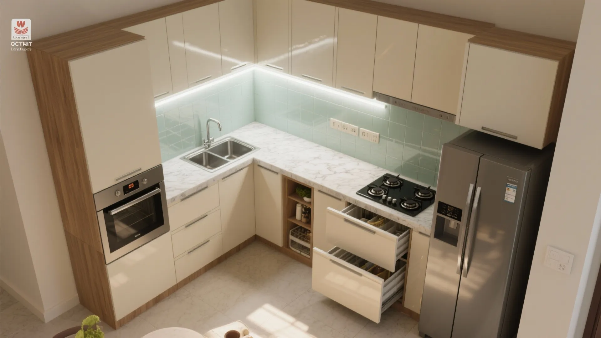 Compact L-shaped kitchen with vertical storage