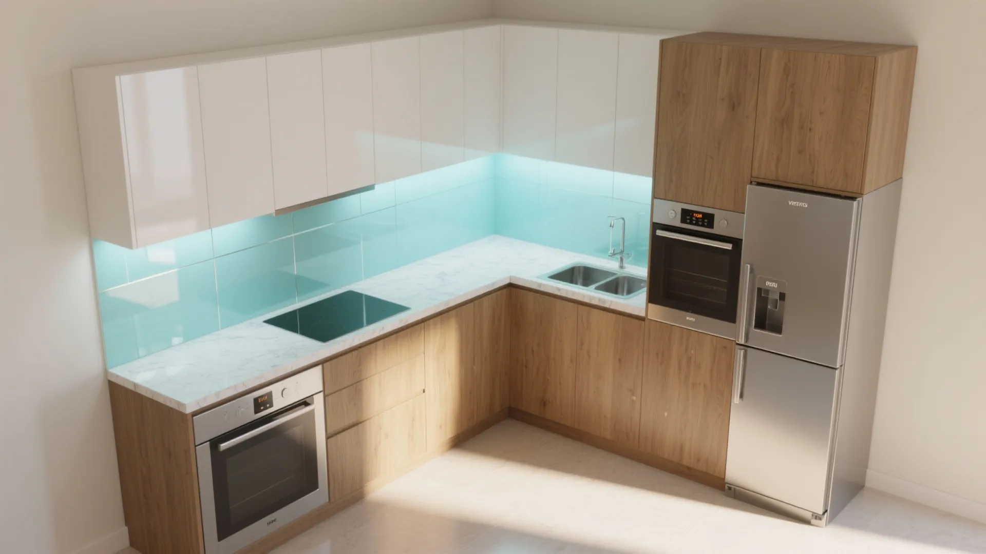 Compact L-shaped kitchen with a bright backsplash