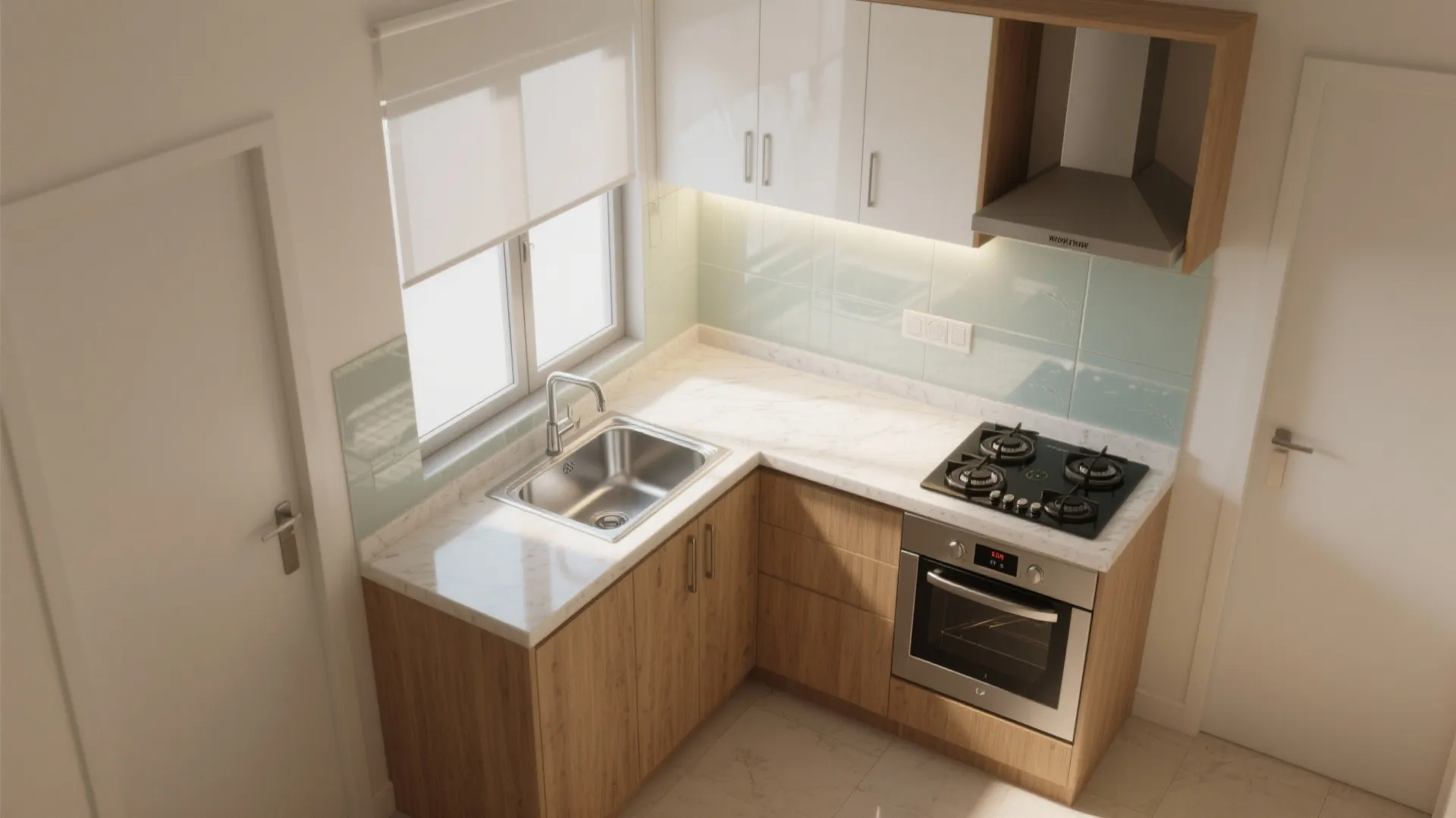 1) An L-shaped modular kitchen with a lighter, brighter feel