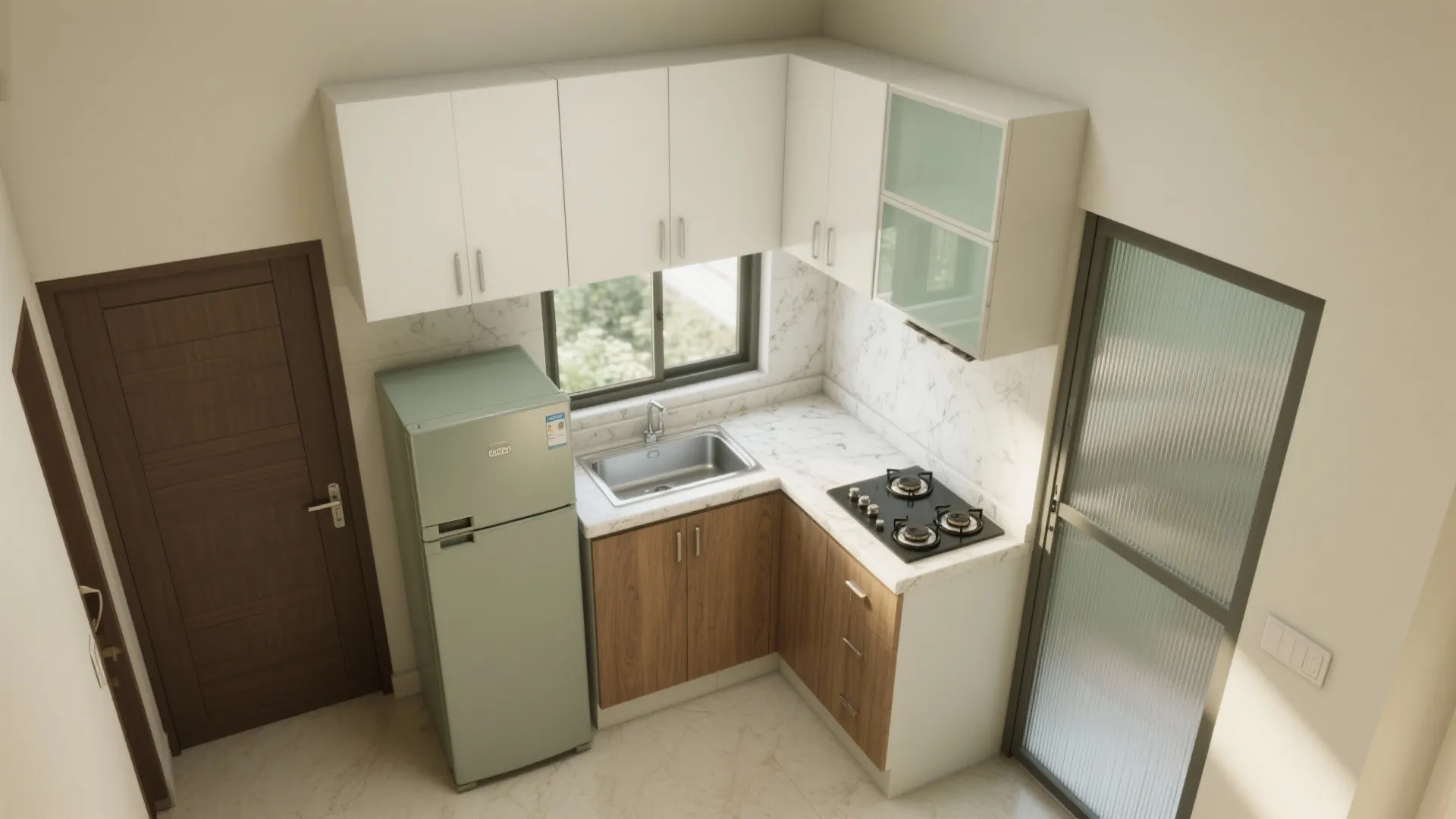 1) L-shaped micro-kitchen with sliding clarity