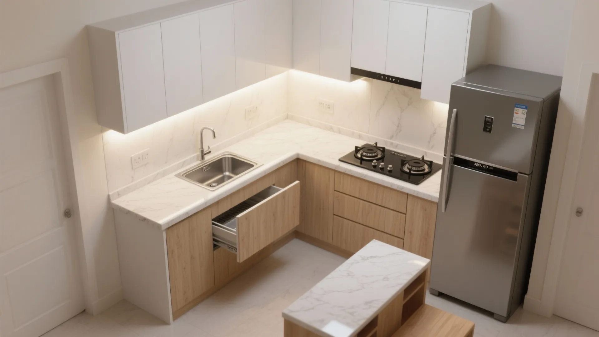 L-shaped kitchen layout for flow and function