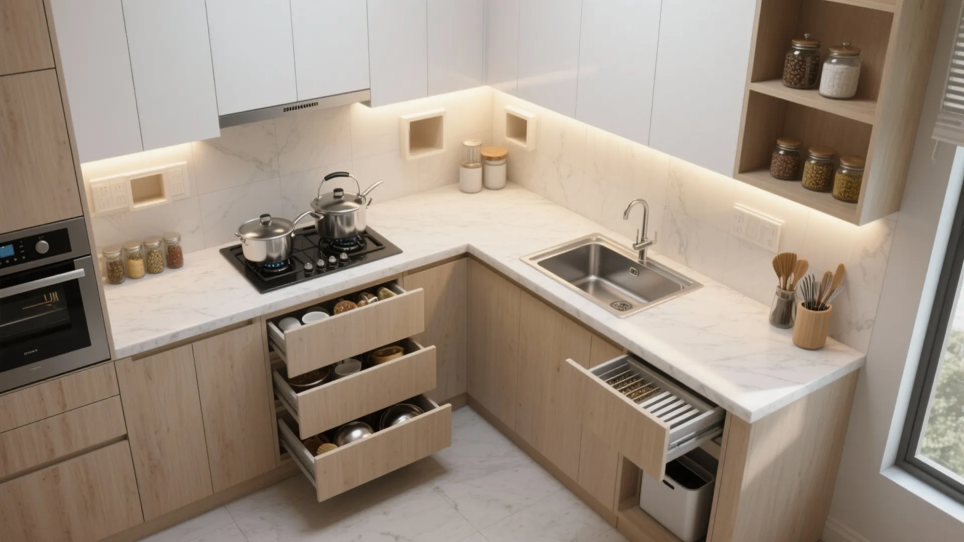Modular kitchen that mixes pull-outs and wall niches