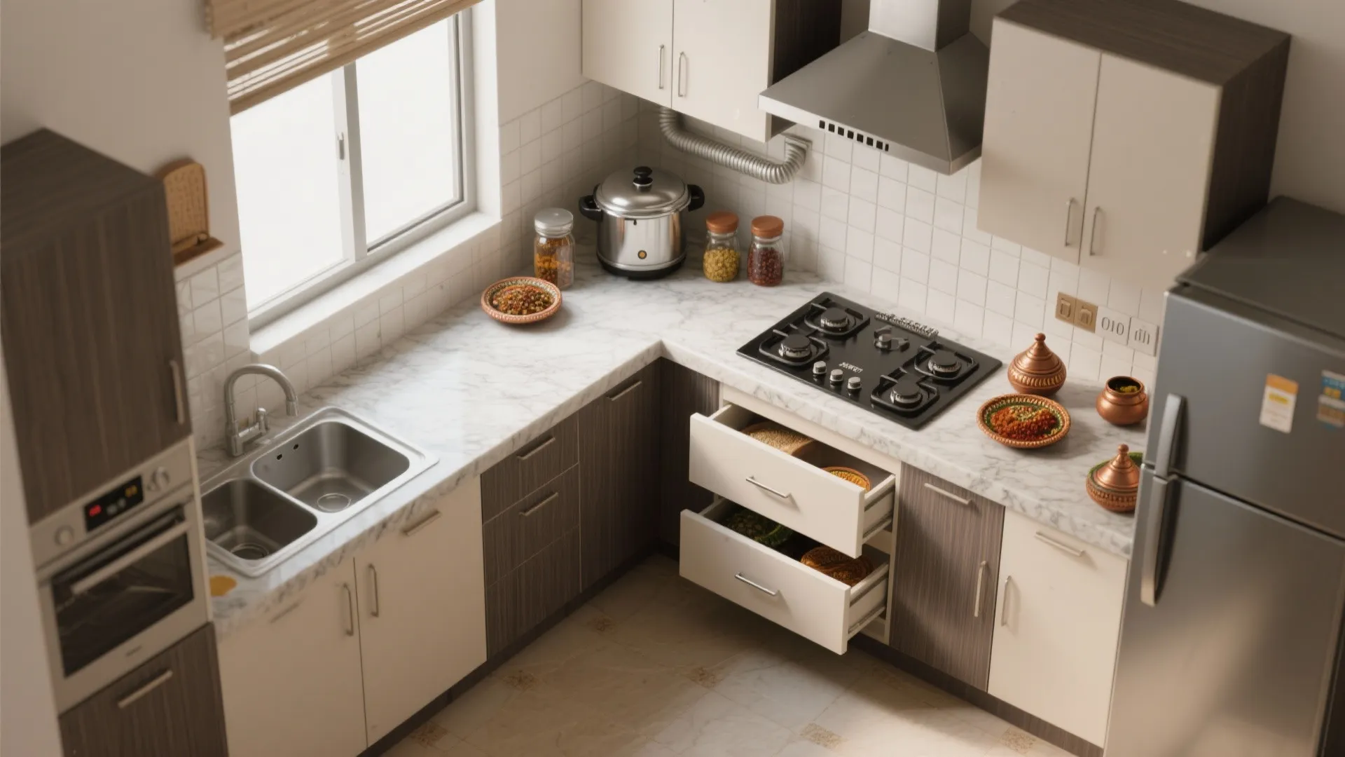 Efficient Indian Kitchen: L-Shaped Layout with Utility Smarts