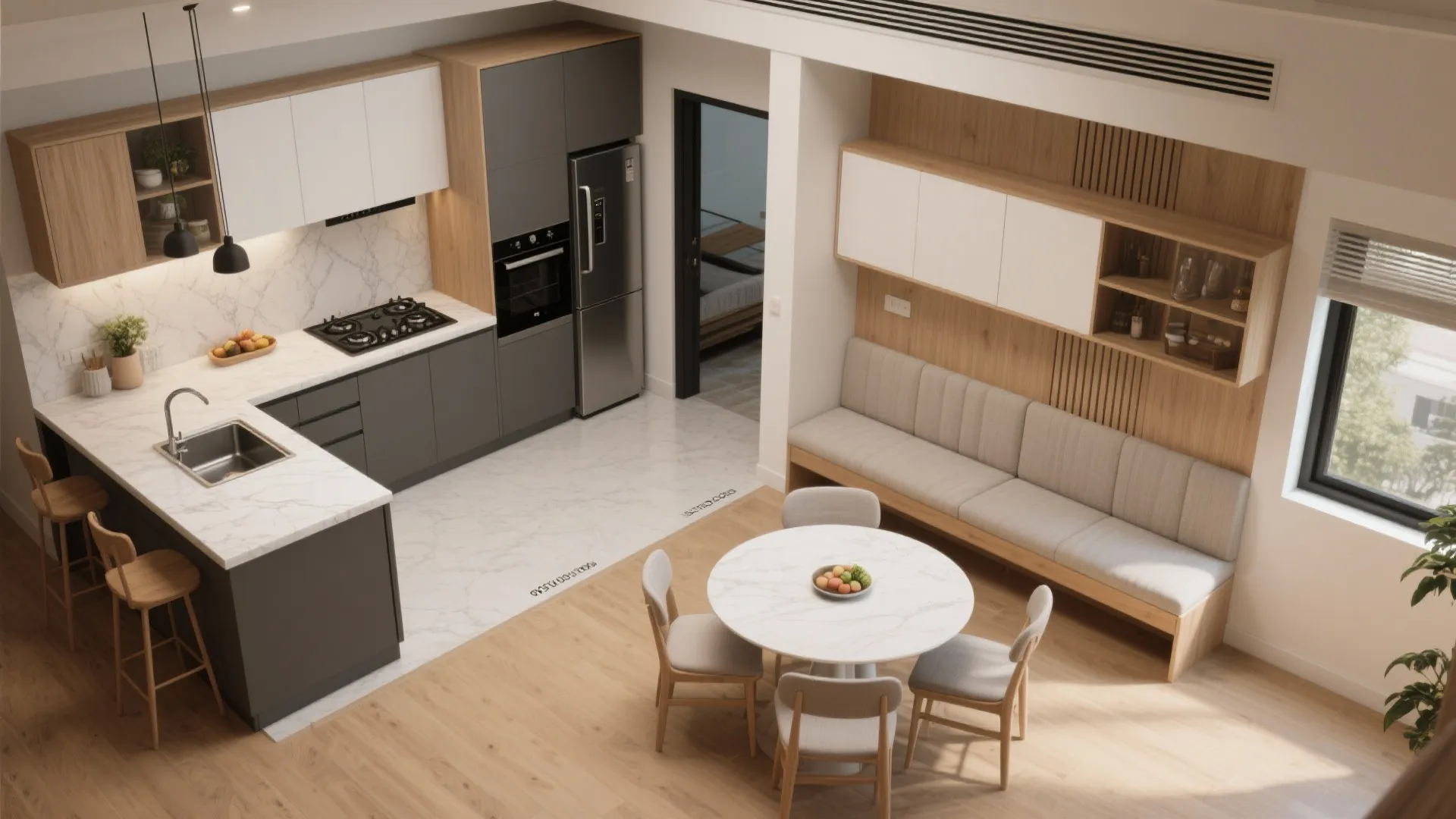 Modern open kitchen with grey cabinets marble countertops wooden dining table and round white marble table